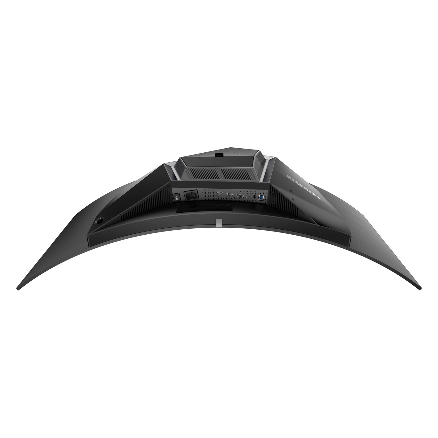 Czarny, zakrzywiony tył monitora z portami i otworami wentylacyjnymi. Powierzchnia to szczotkowany metal.