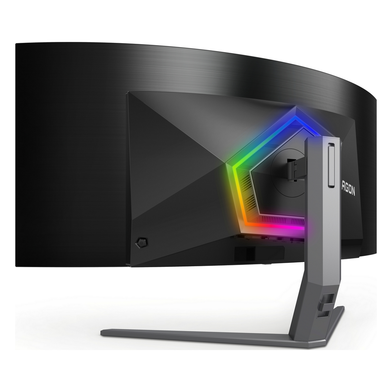 Tył zakrzywionego monitora do gier. Posiada oświetlenie RGB i srebrną podstawę.