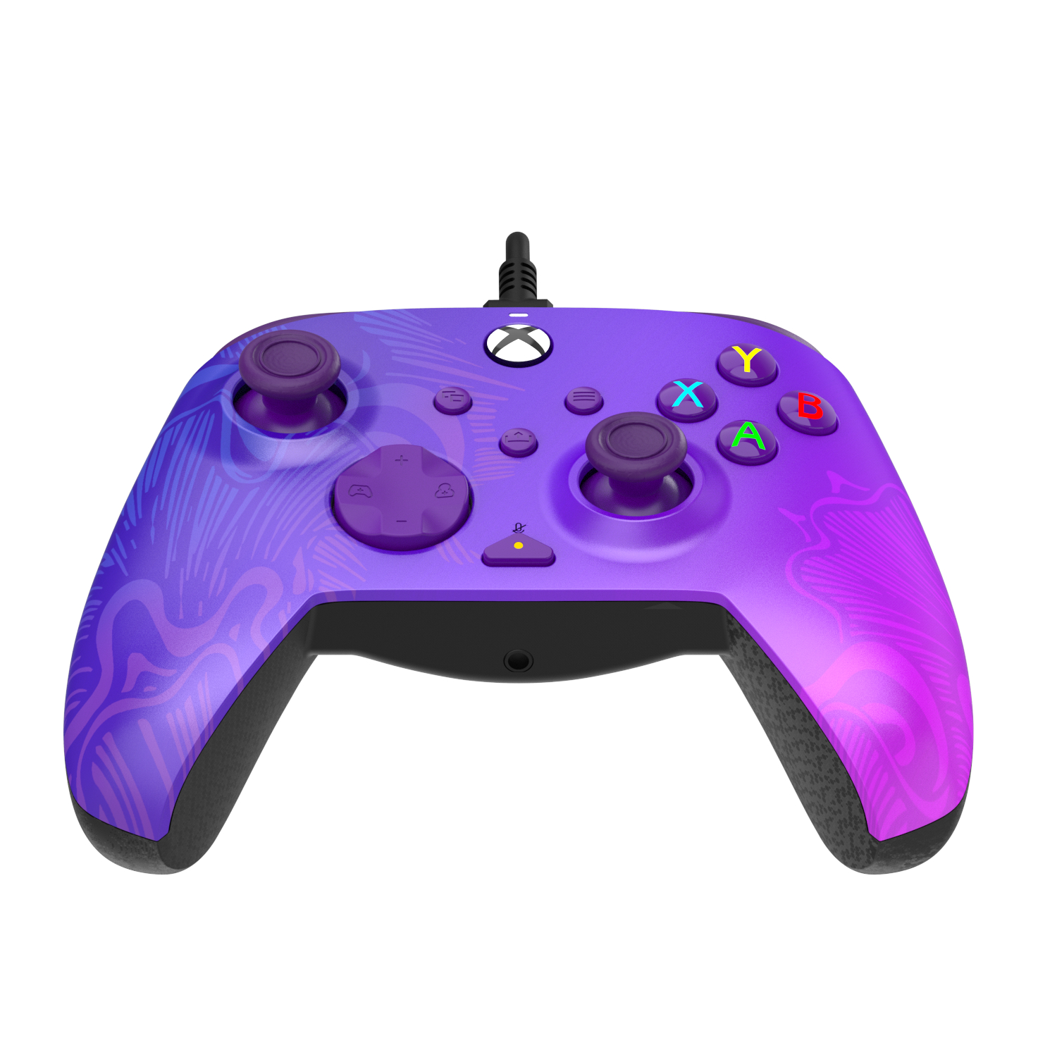 Un mando de Xbox morado. Tiene botones de colores y dos palancas. Un cable negro está conectado en la parte superior.
