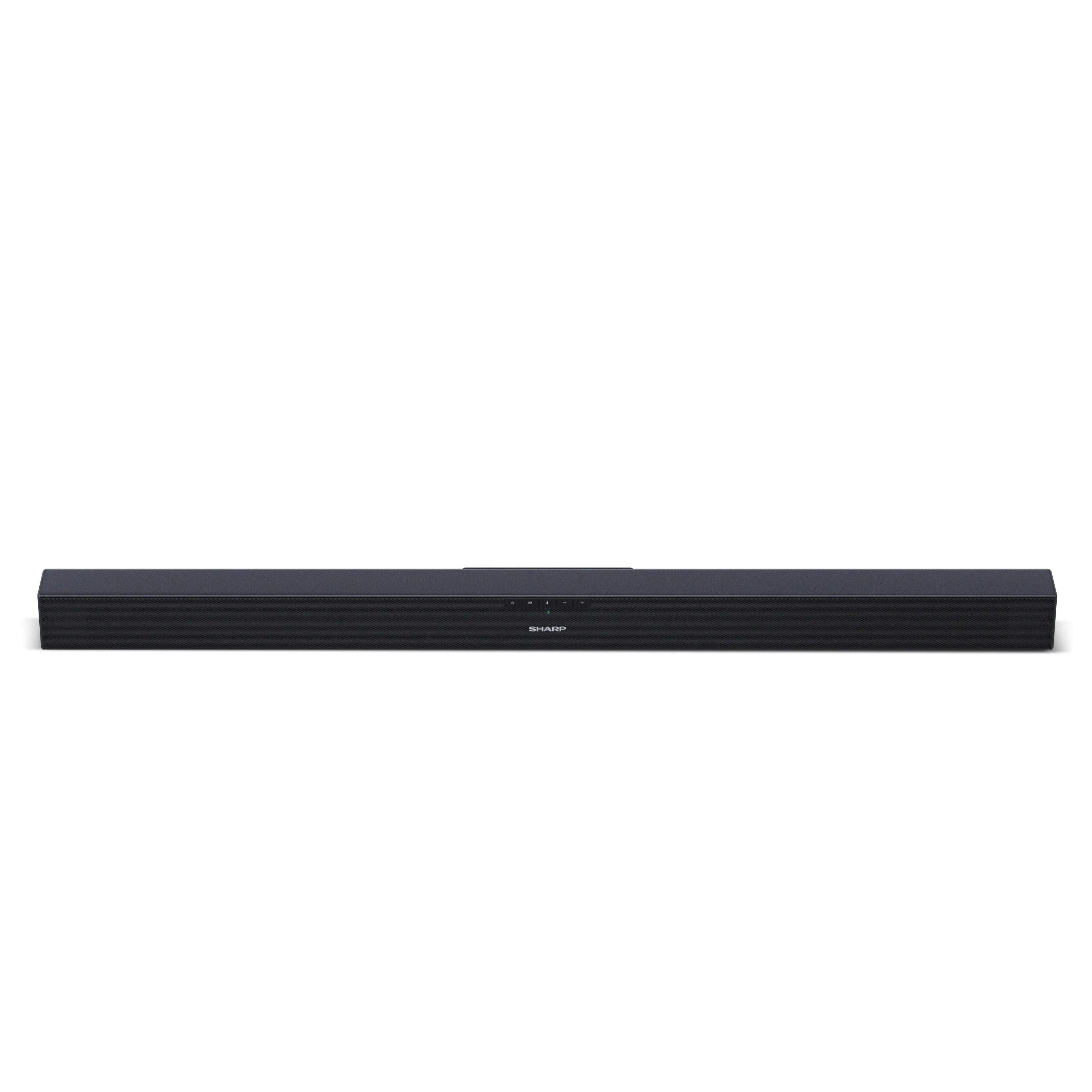 Una barra de sonido negra con el logotipo de Sharp.
