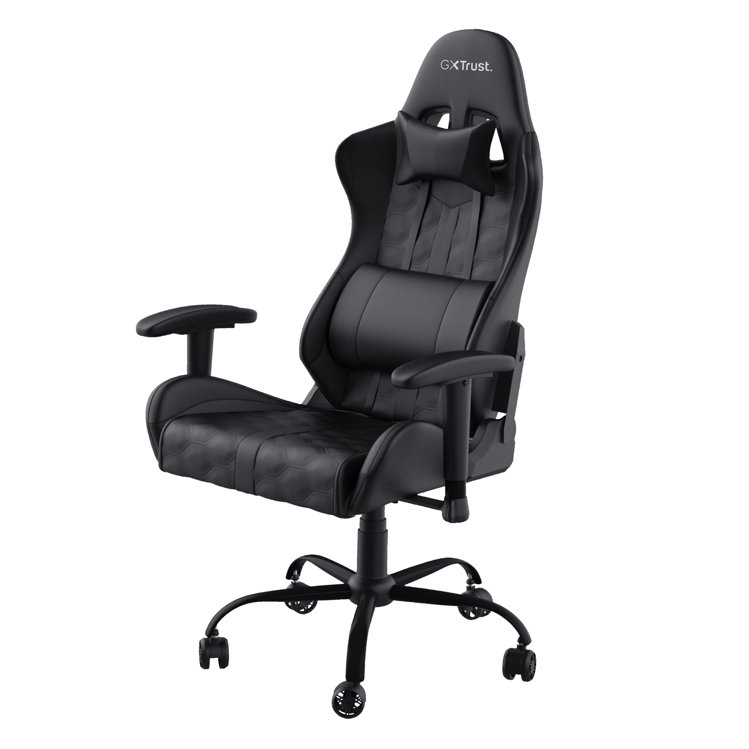 Czarny fotel do gier z zagłówkiem, oparciem, podłokietnikami i kółkami. Krzesło stoi na czarnym tle.