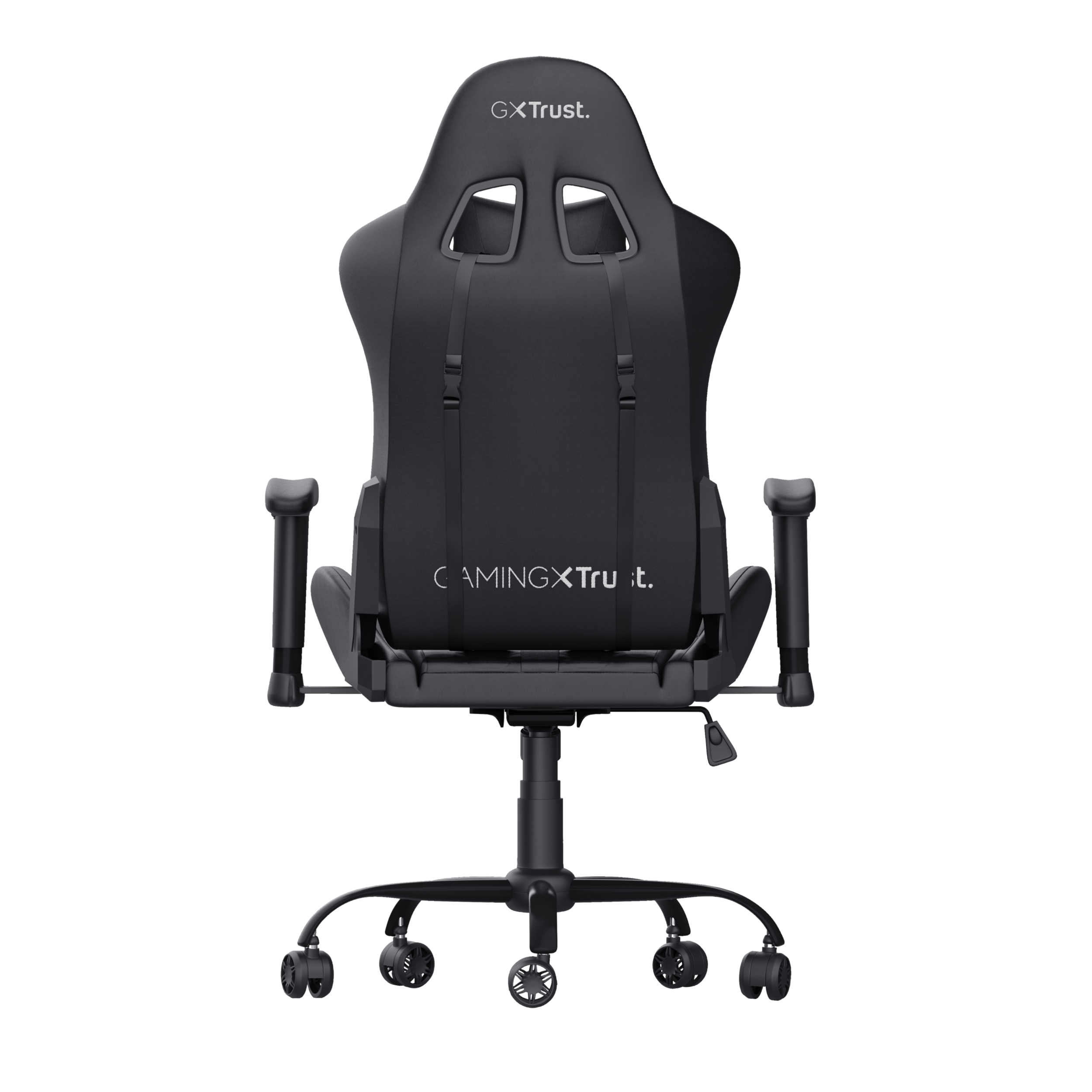 Czarny fotel gamingowy, widok z tyłu. Pokazuje oparcie, paski i podstawę.