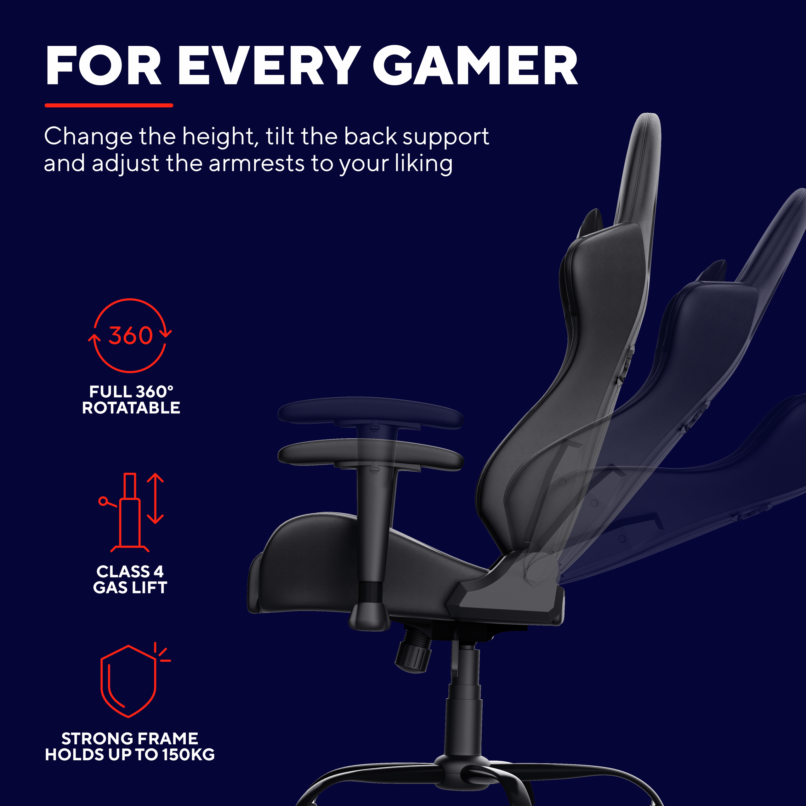 Czarny fotel do gier z regulowanymi funkcjami i tekstem. Czarne tło i niebieskie akcenty.