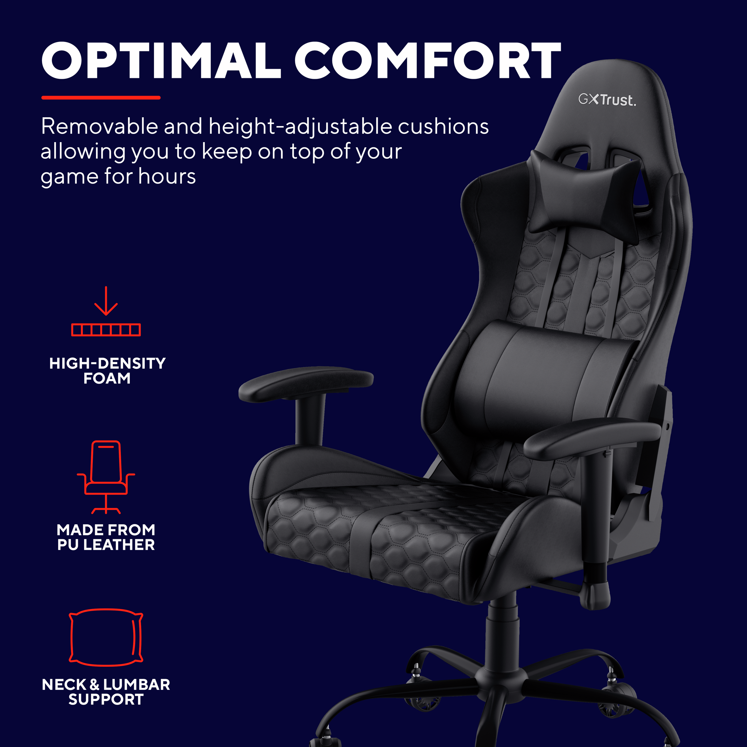 Czarny fotel gamingowy z ergonomicznymi funkcjami, w tym podparciem lędźwi i szyi.