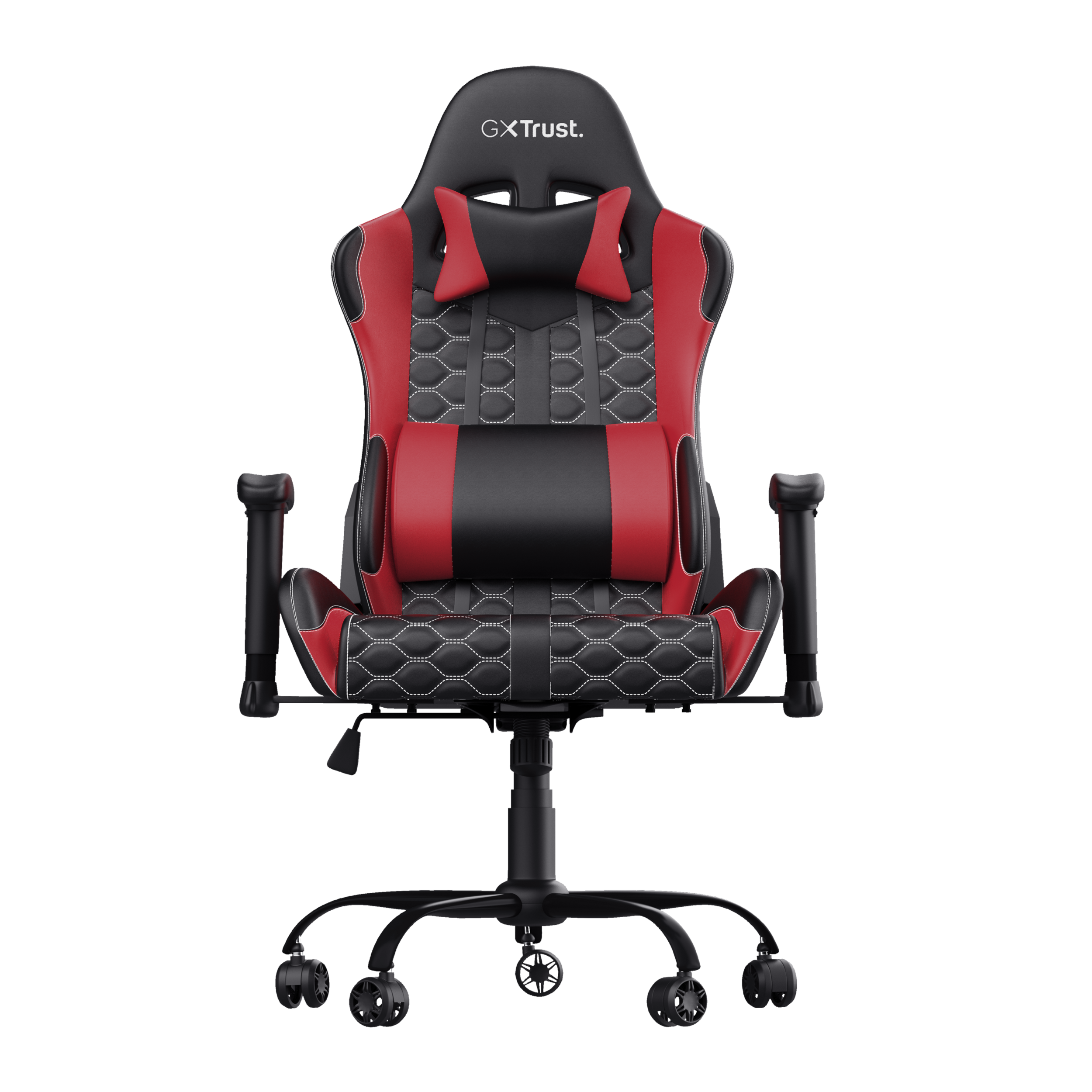 Krzesło do gier. Czarna podstawa, czerwono-czarne siedzisko. Podpory i zagłówek. Czarne tło.