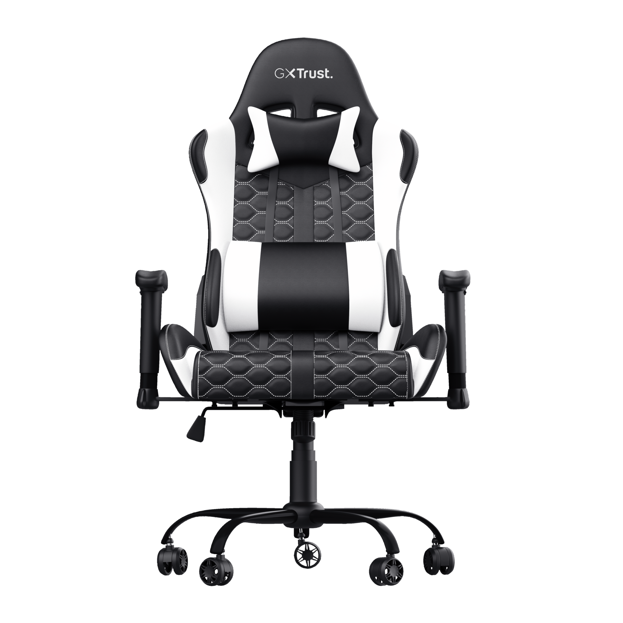 Biało-czarny fotel gamingowy. Czarna podstawa z kółkami, białe oparcie i siedzisko.