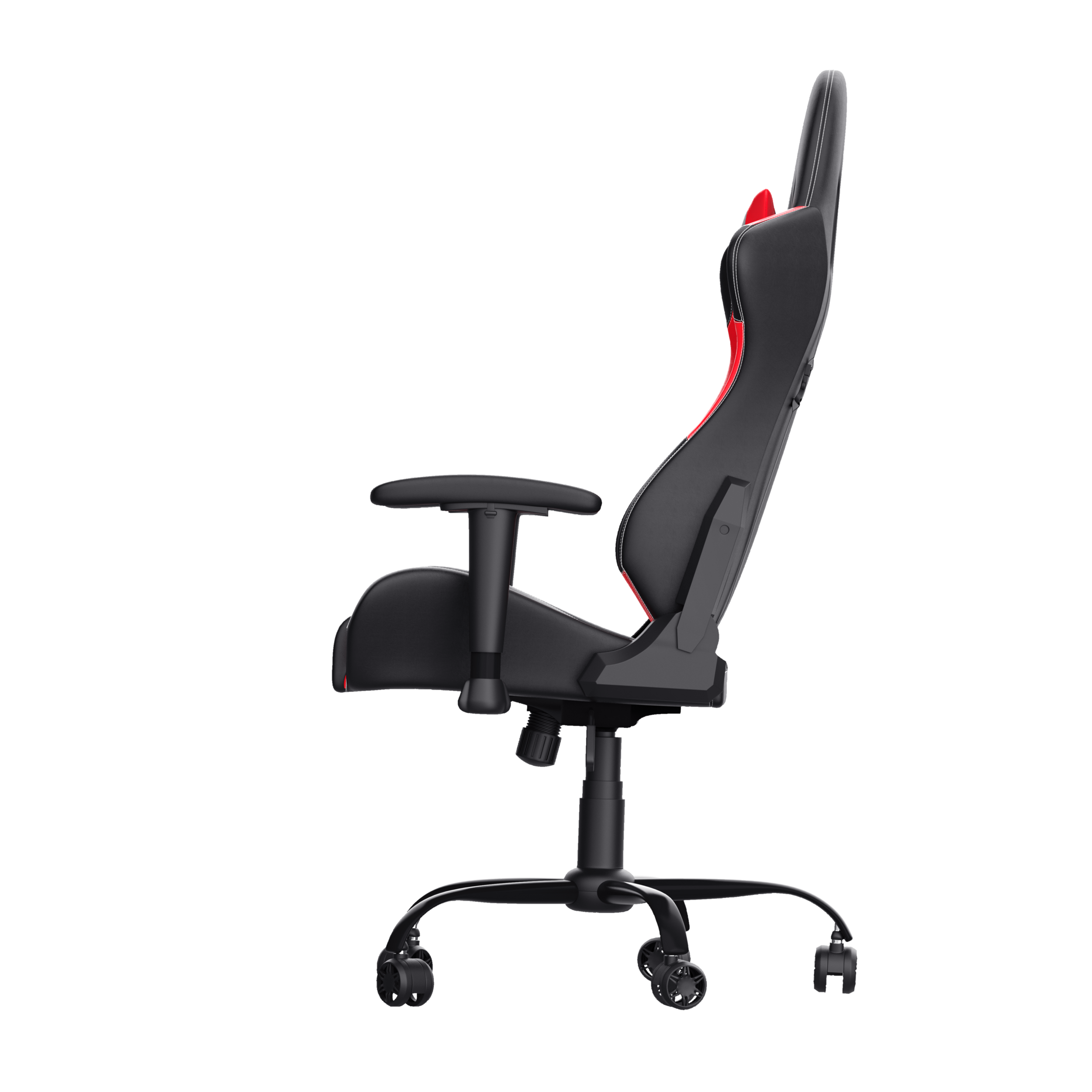 Czarny i czerwony fotel do gier, widok z boku na czarnym tle.