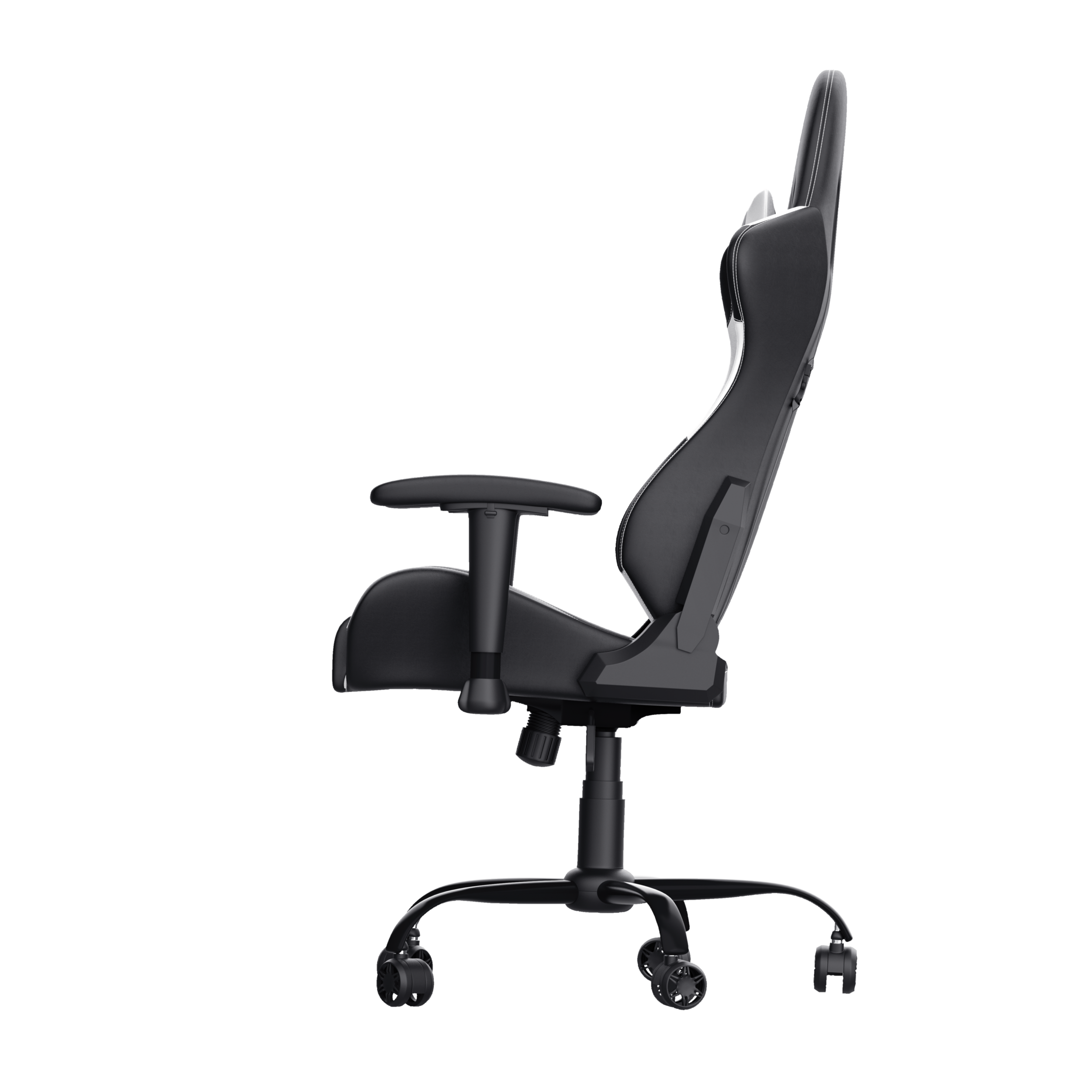 Czarny fotel do gier w profilu, prezentujący regulowane funkcje na czarnym tle.