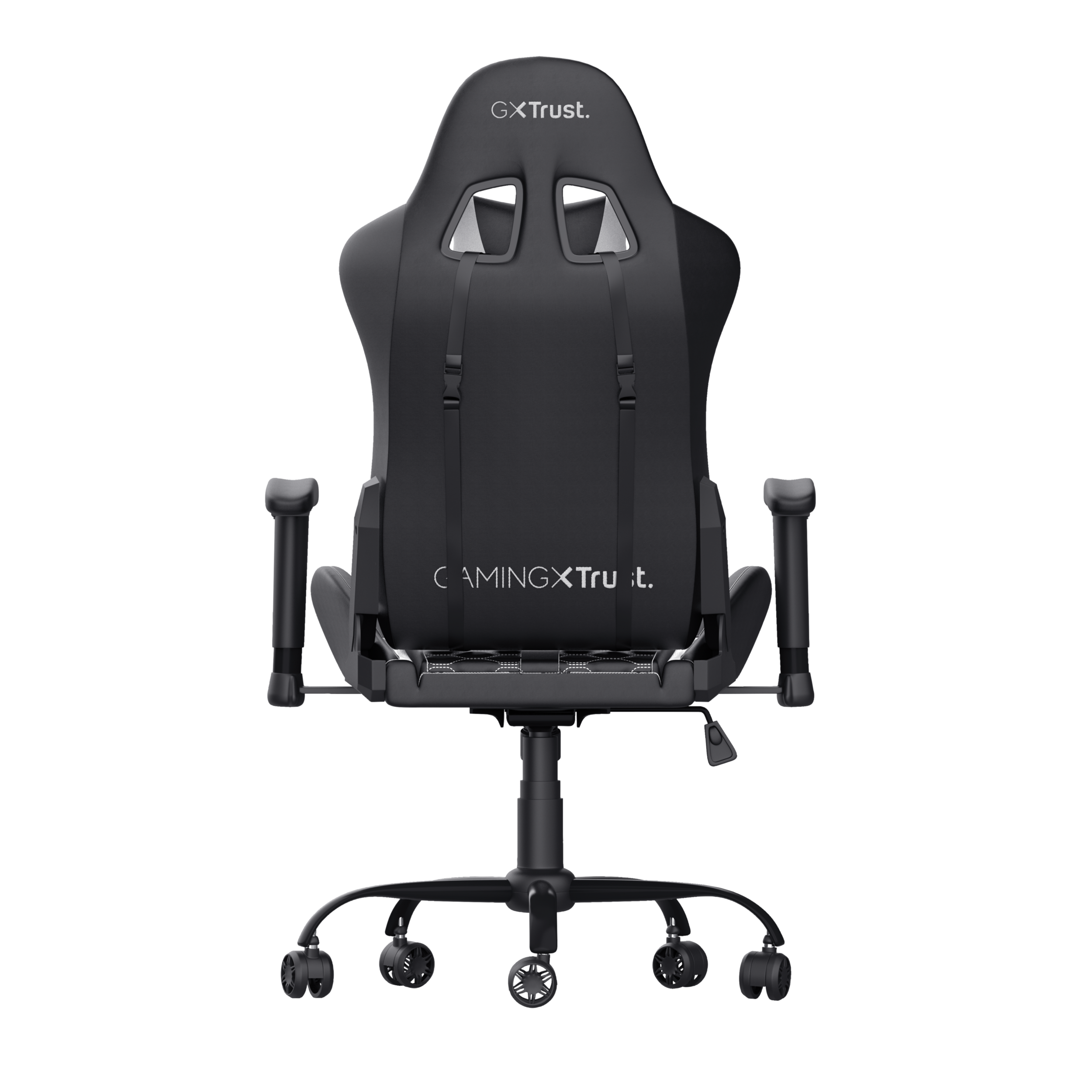 Czarny fotel gamingowy od tyłu, z logo GAMINGXTrust., na czarnym tle.