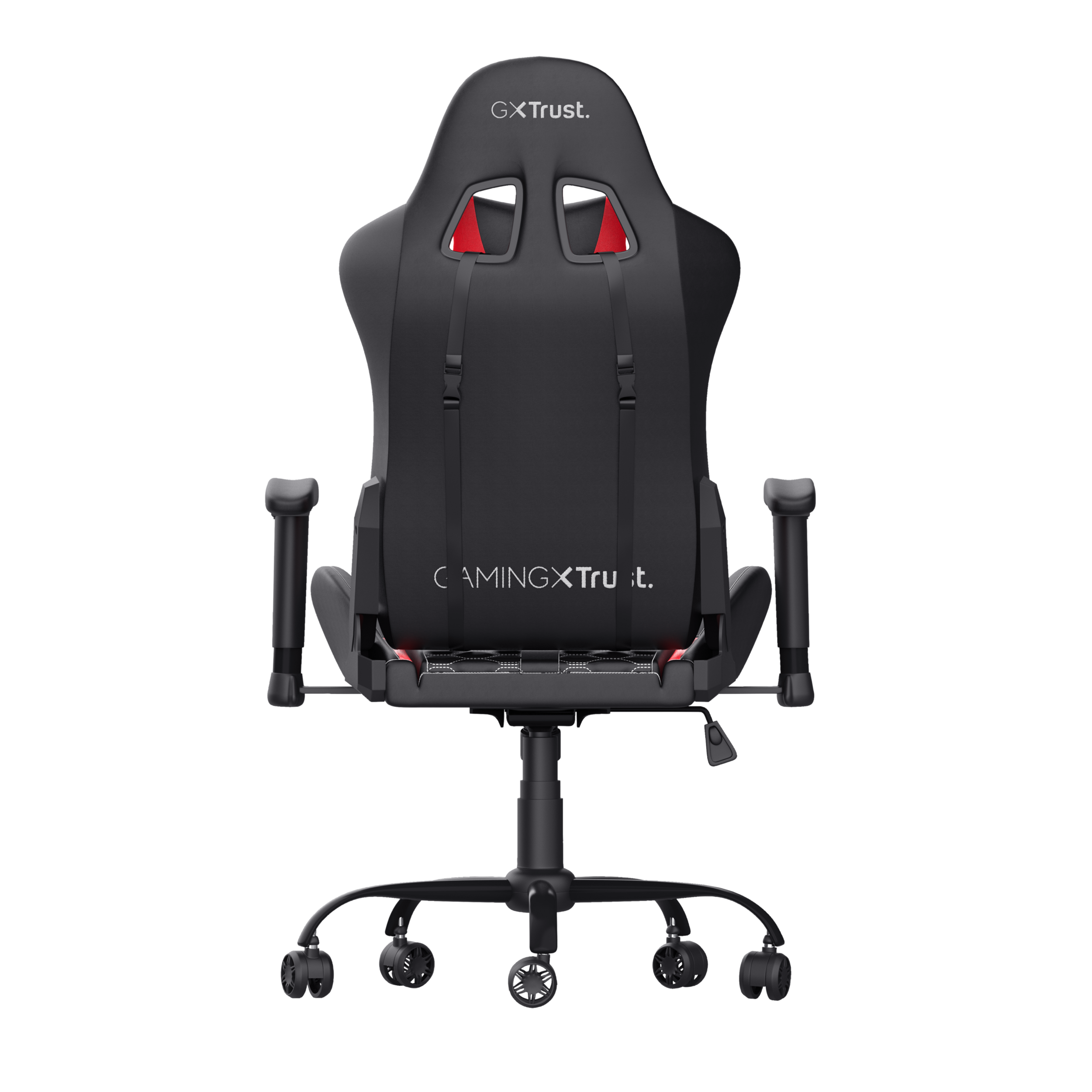 Czarny fotel gamingowy z tyłu, z czerwonymi akcentami i logo.