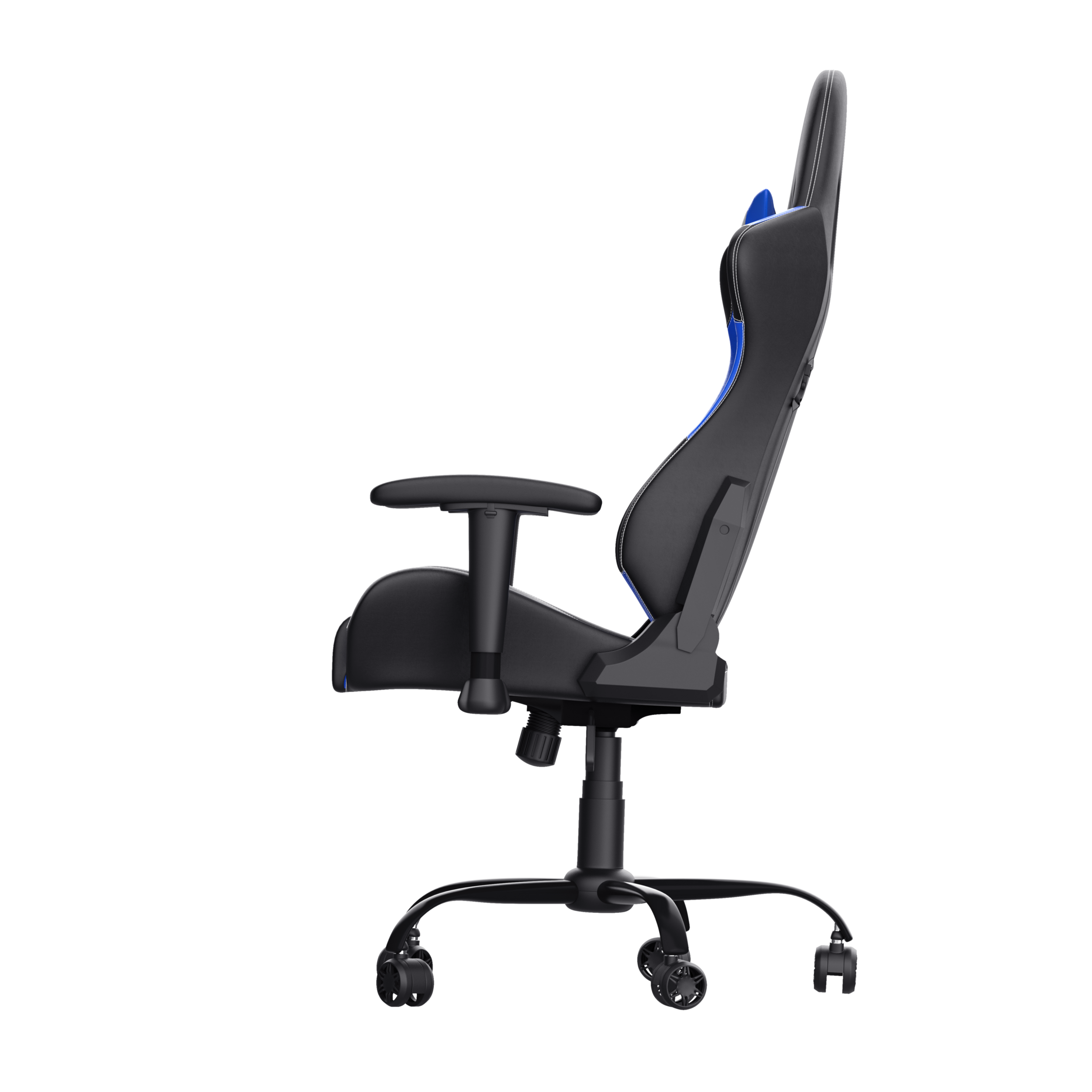 Czarny i niebieski fotel do gier na czarnym tle, widok z boku. Posiada kółka i regulowane podłokietniki.