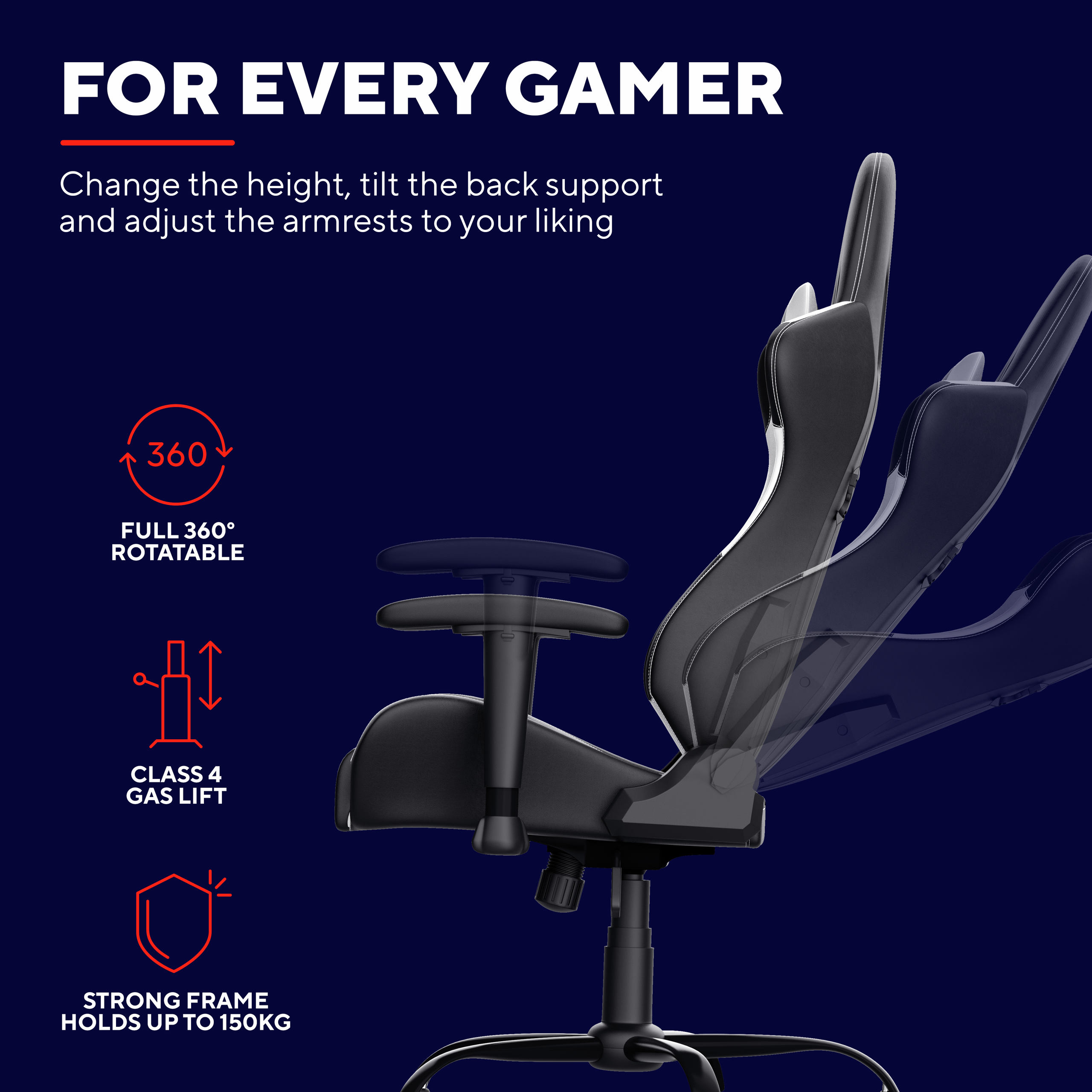 Krzesło gamingowe z regulowanym oparciem i podłokietnikami na niebieskim tle.