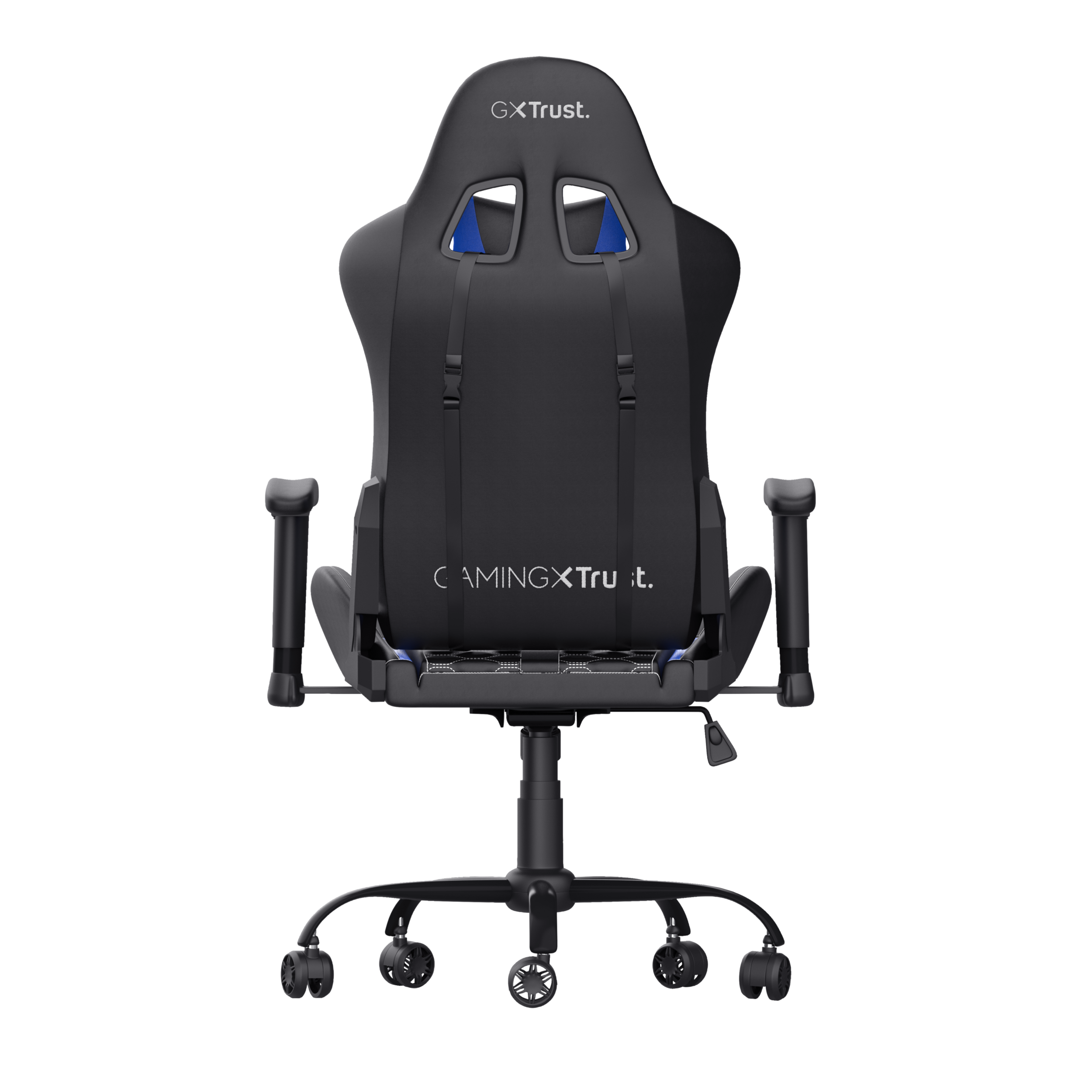 Czarny fotel gamingowy z niebieskimi akcentami, widok z tyłu. Logo to 'GAMINGXTrust'.