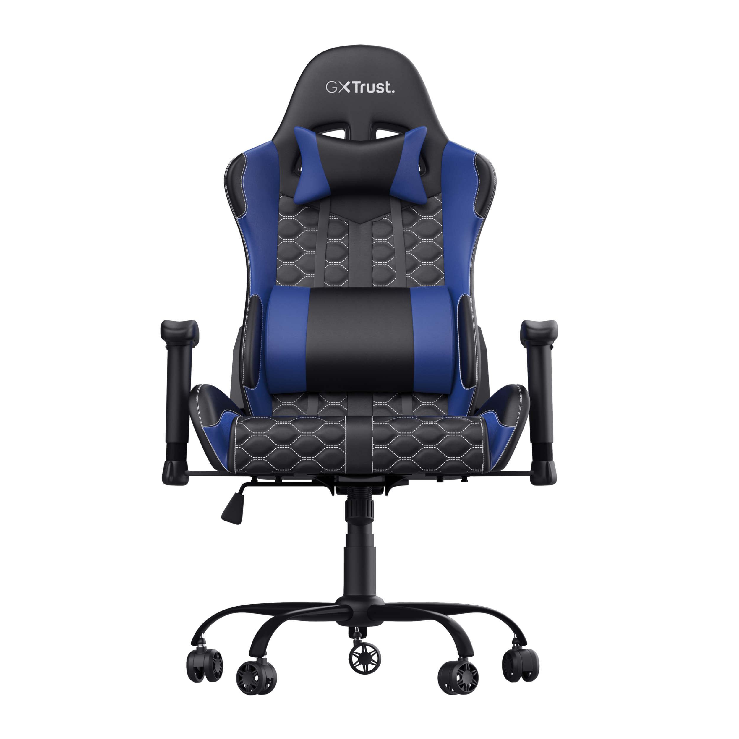 Niebiesko-czarny fotel gamingowy. Ma zagłówek, podparcie pleców i podłokietniki. Na czarnym tle.