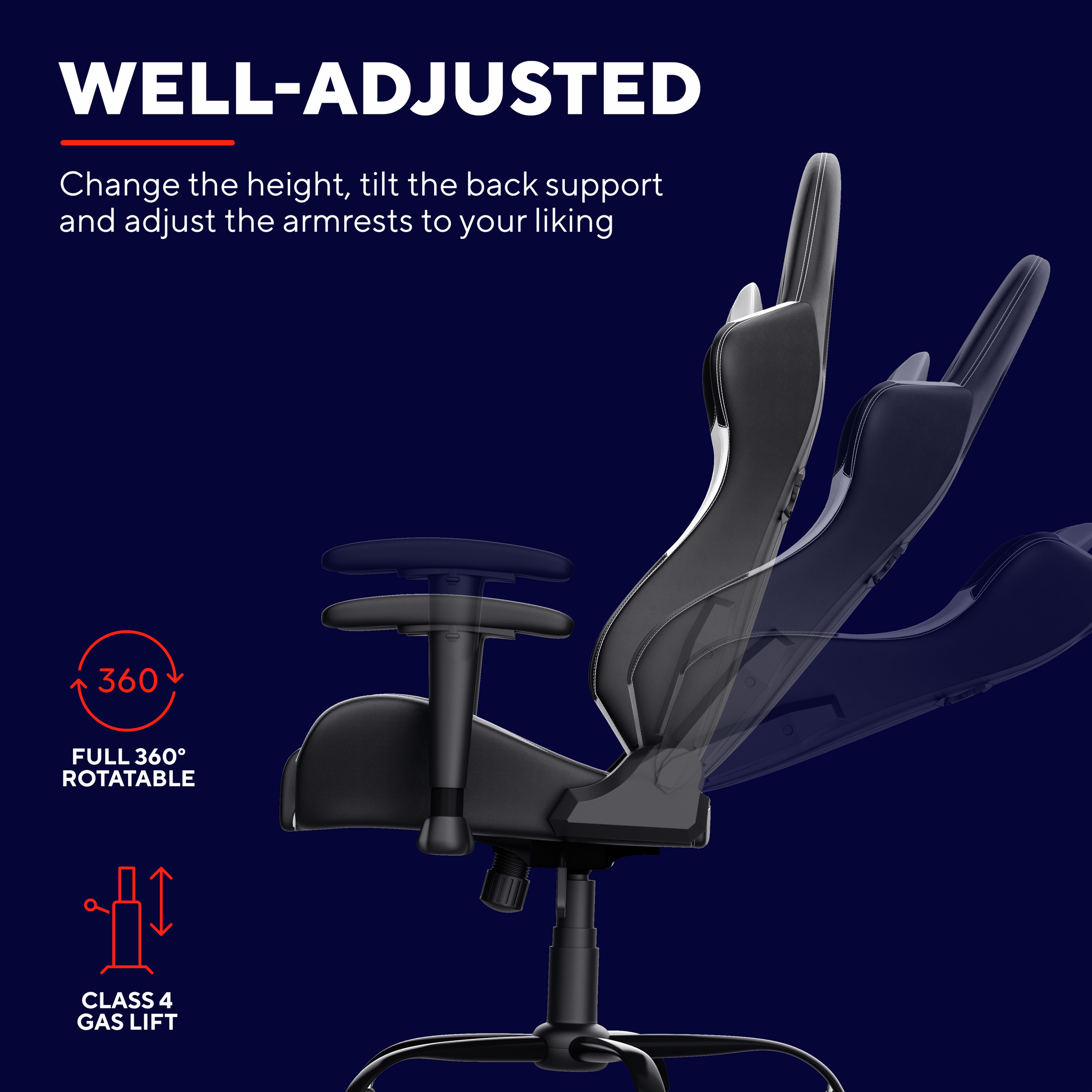 Regulowany czarny fotel gamingowy. Tekst pokazuje, że jest regulowany pod względem wysokości, nachylenia i podłokietników.