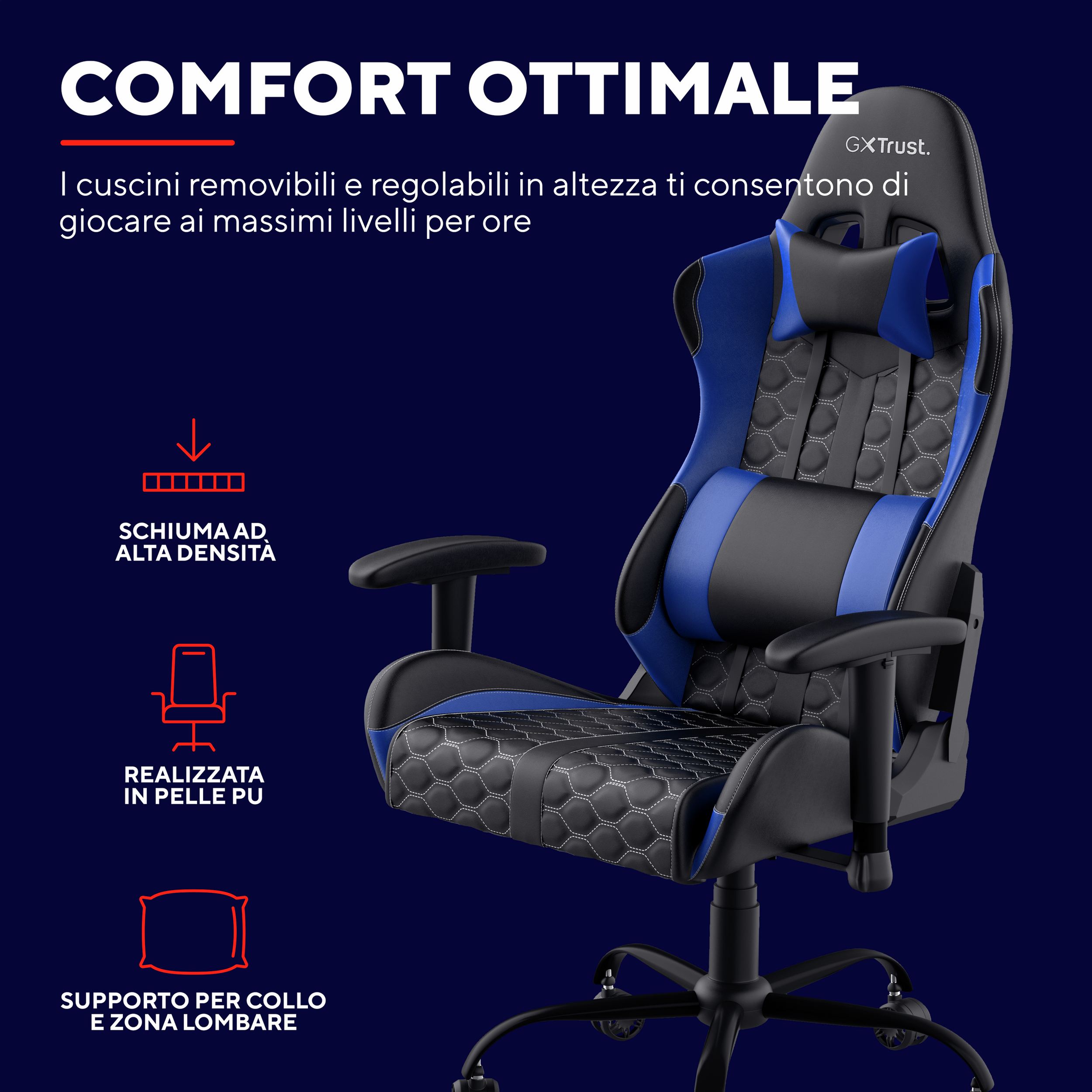 Krzesło gamingowe: czarno-niebieskie z ergonomicznym designem, tekst 'COMFORT OTTIMALE'.