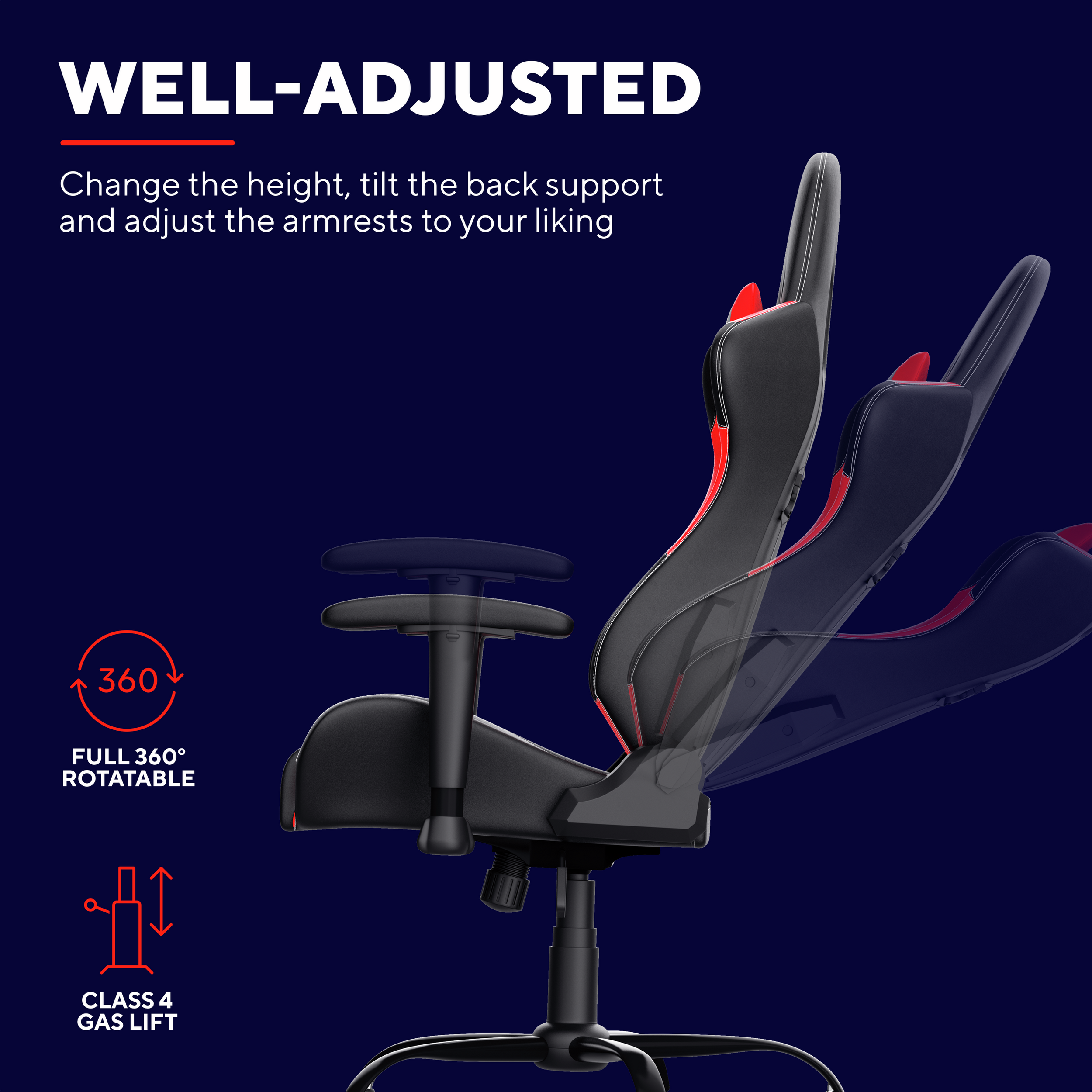 Krzesło gamingowe w kolorze czarnym i czerwonym z tekstem opisującym regulację: wysokość, oparcie i podłokietniki.