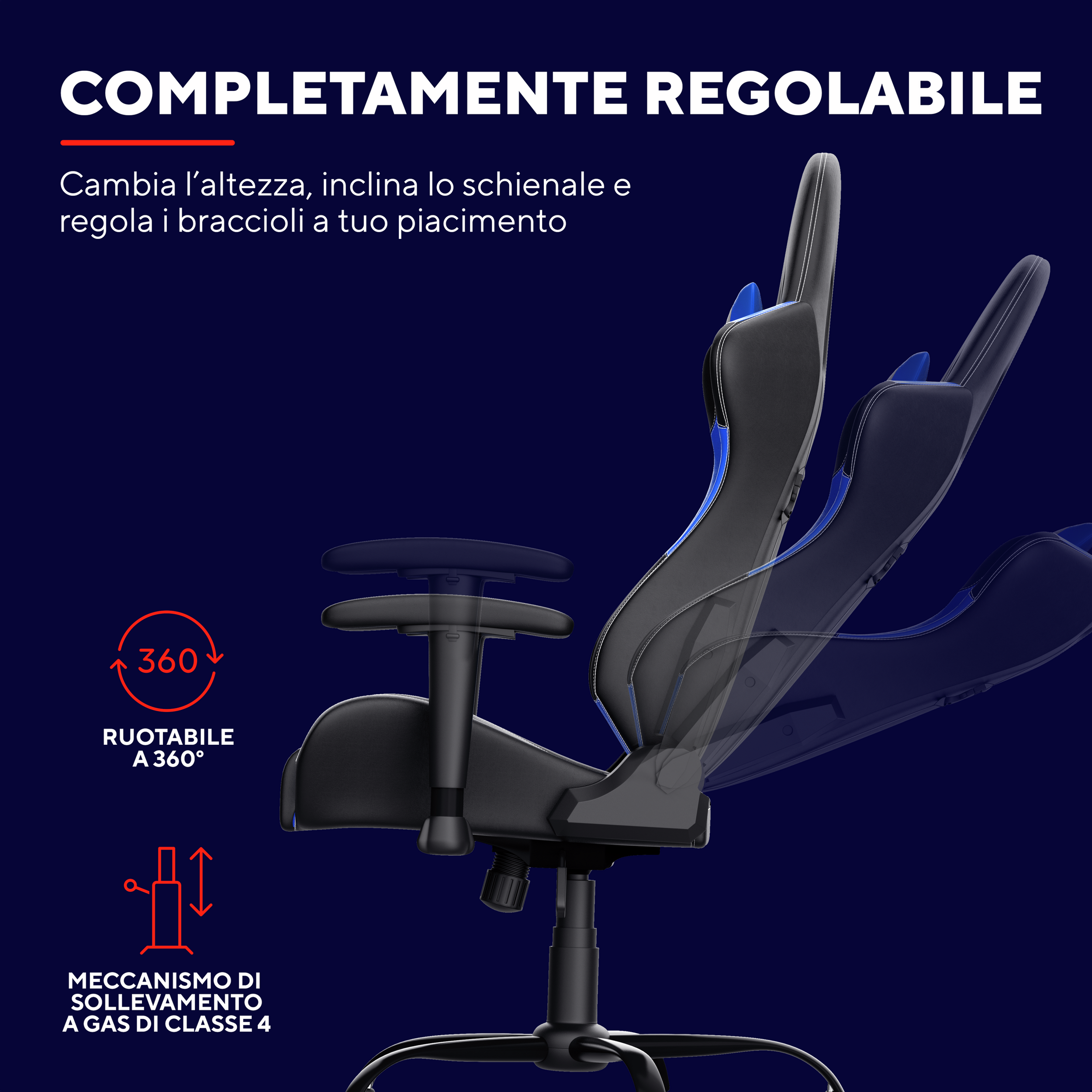 Krzesło gamingowe z regulowanymi funkcjami. Czarno-niebieski design, z tekstem po włosku.