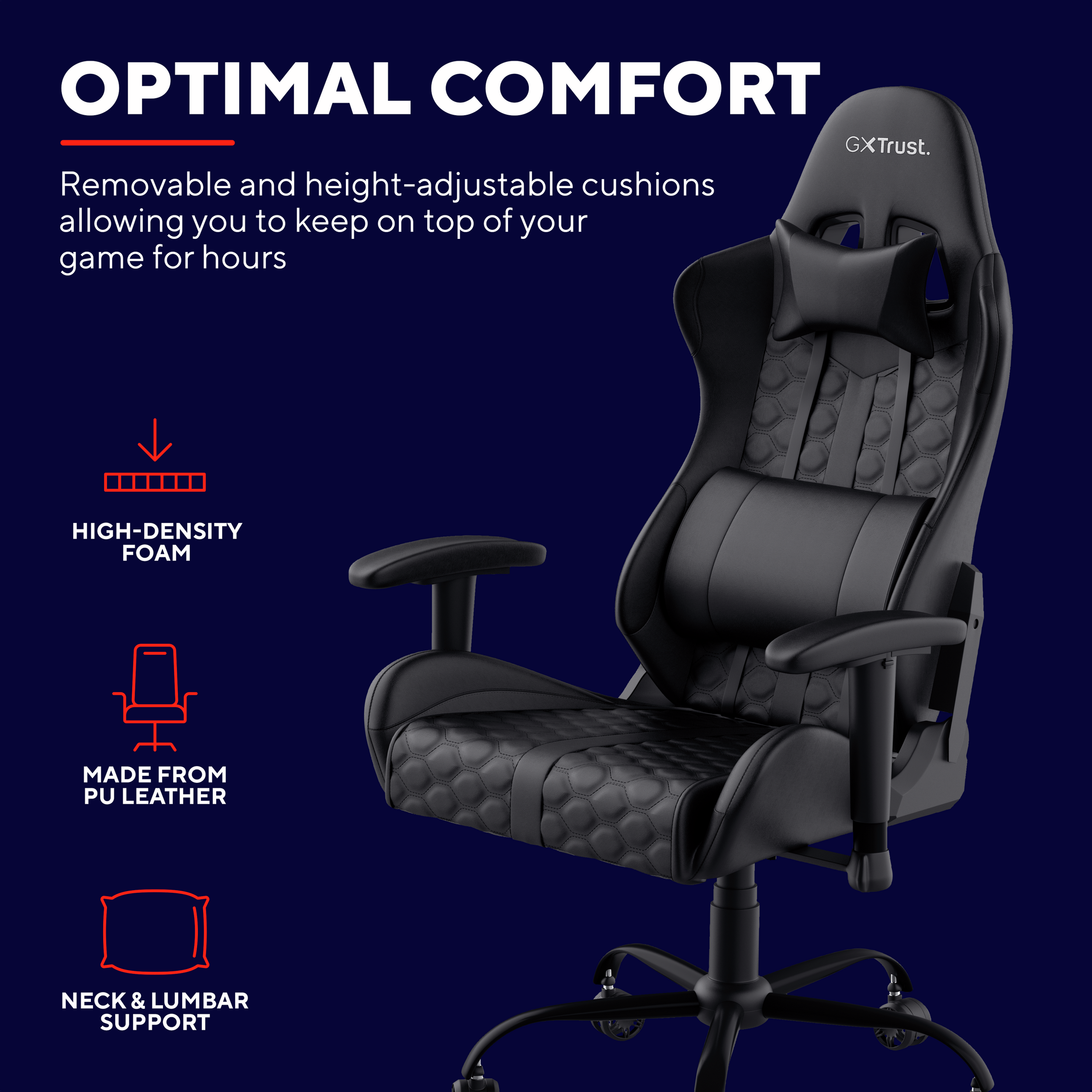 Czarny fotel gamingowy z zagłówkiem i podparciem lędźwiowym, optymalny komfort.