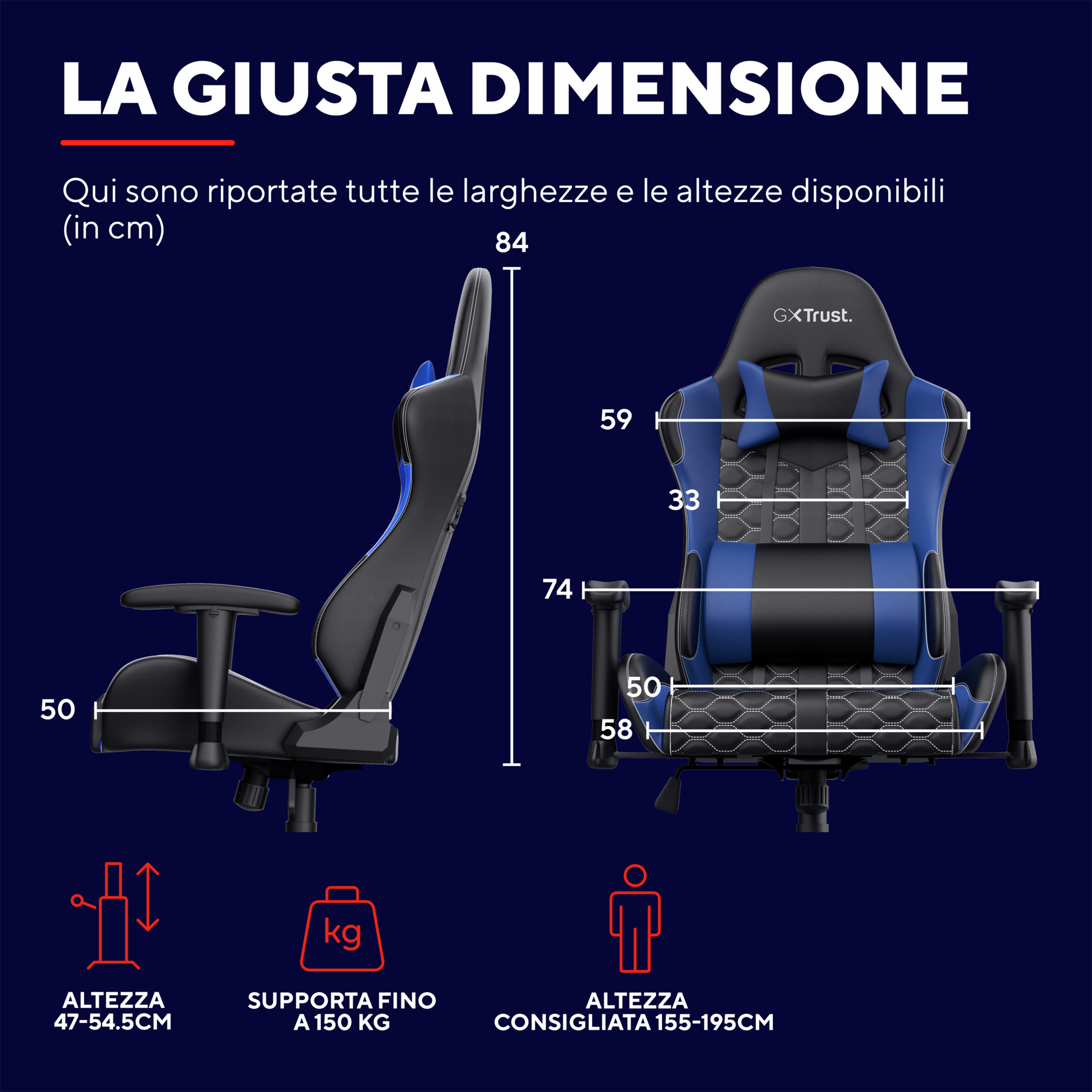 Krzesło gamingowe z wymiarami. Niebiesko-czarne z wymiarami w cm.