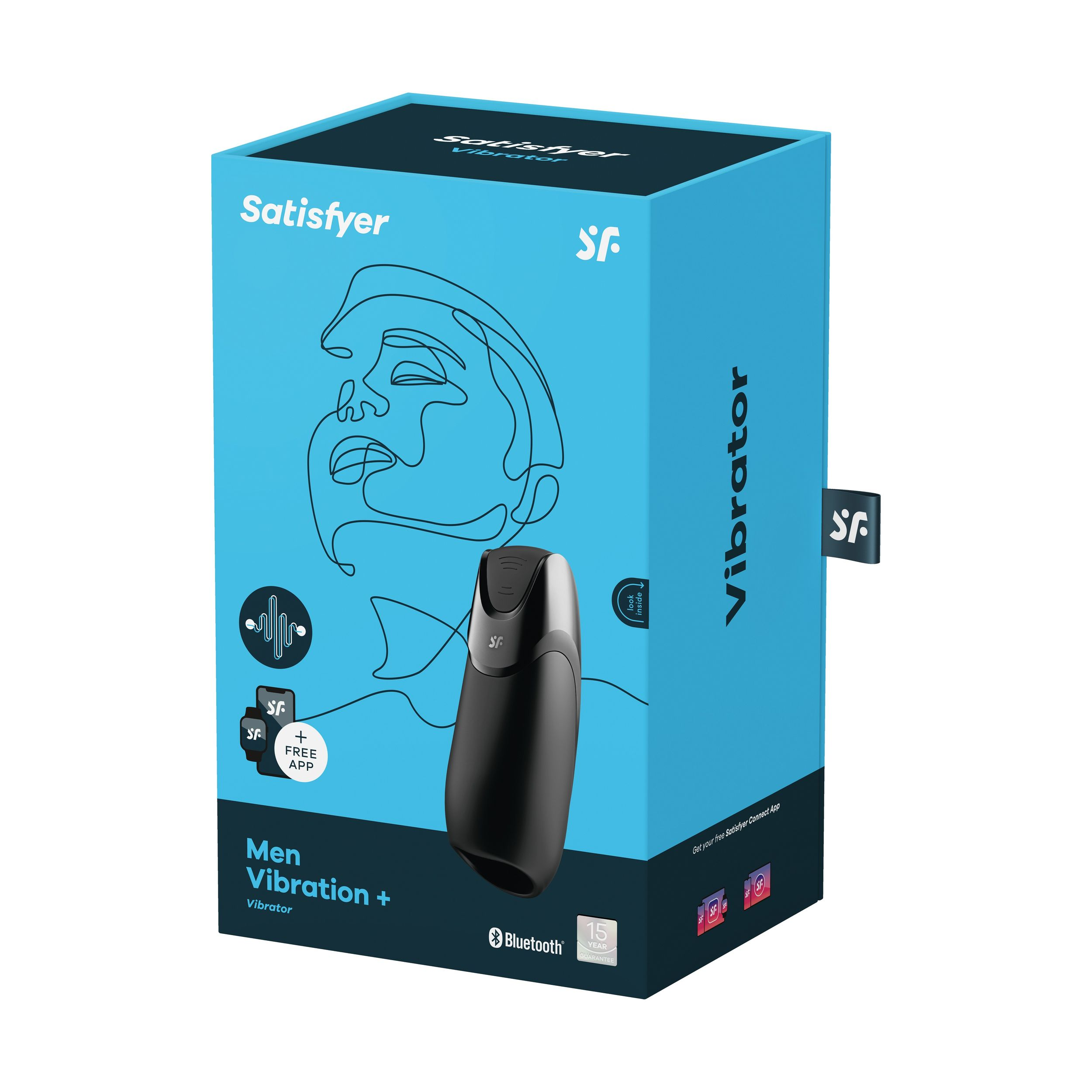 Eine Schachtel mit Satisfyer-Vibrator, blau und schwarz, mit sichtbarem Vibrator und einer Strichzeichnung eines Gesichts.