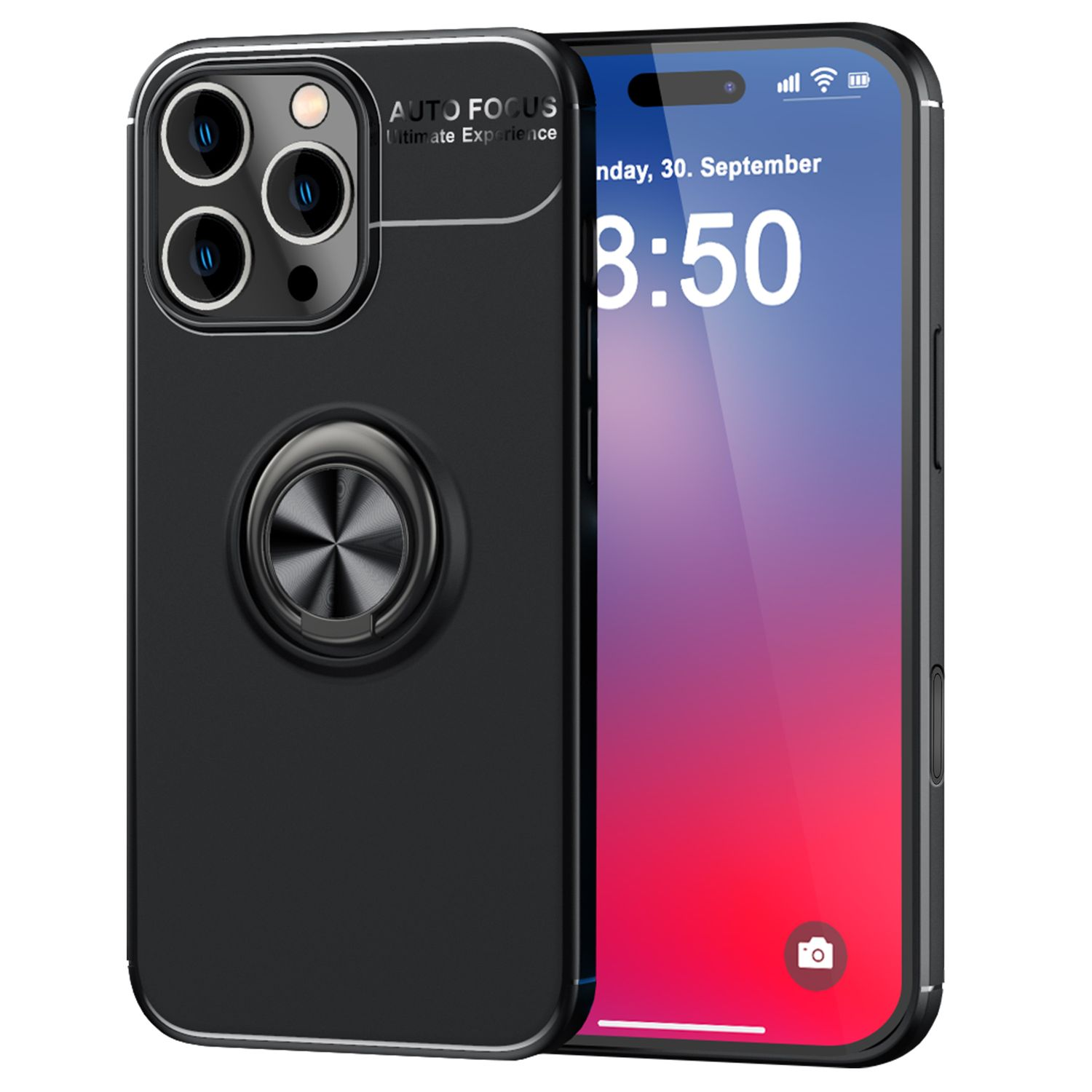 Schwarze Handyhülle mit Ringhalter. Telefon zeigt roten und weißen Hintergrund mit Datum.