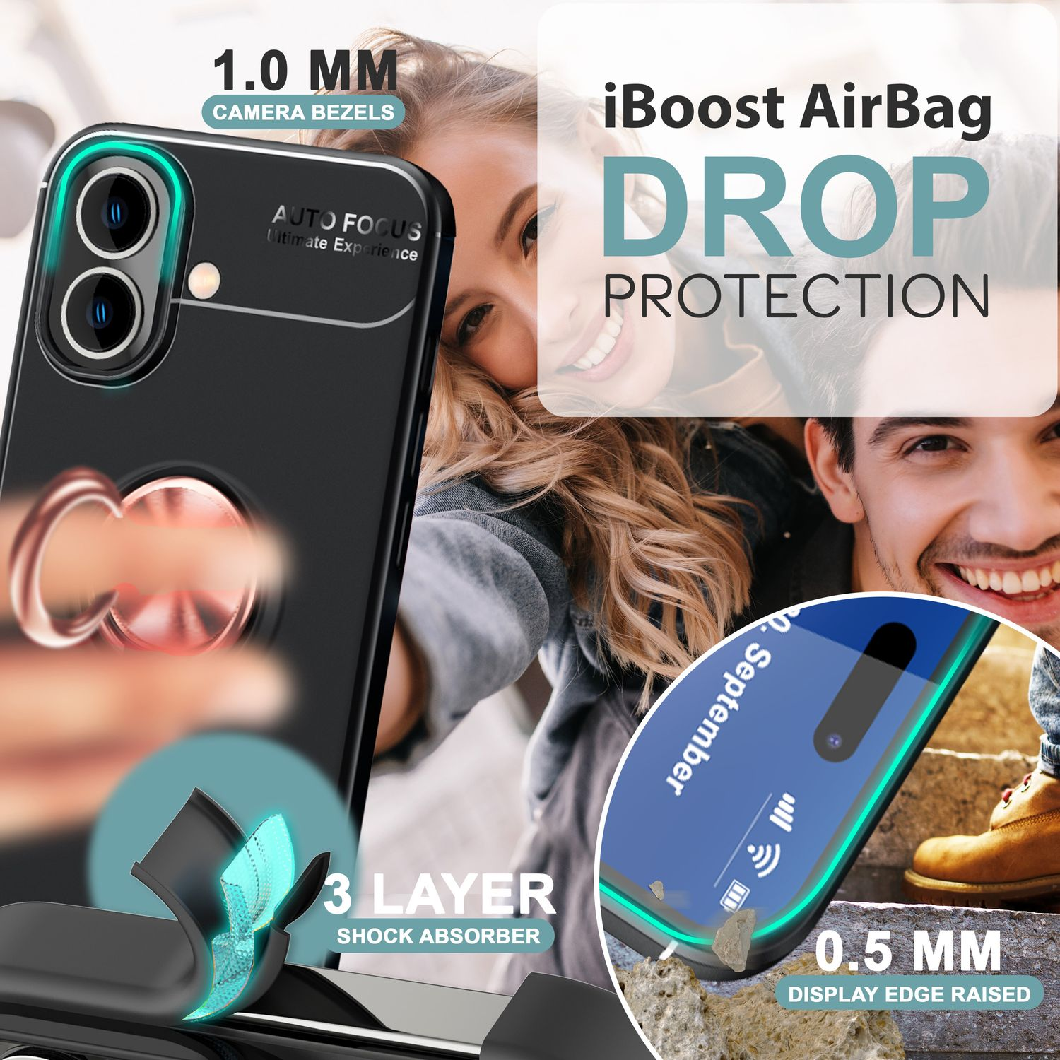 Eine schwarze Handyhülle mit Ringhalter, schützt ein Telefon, mit Person im Hintergrund.