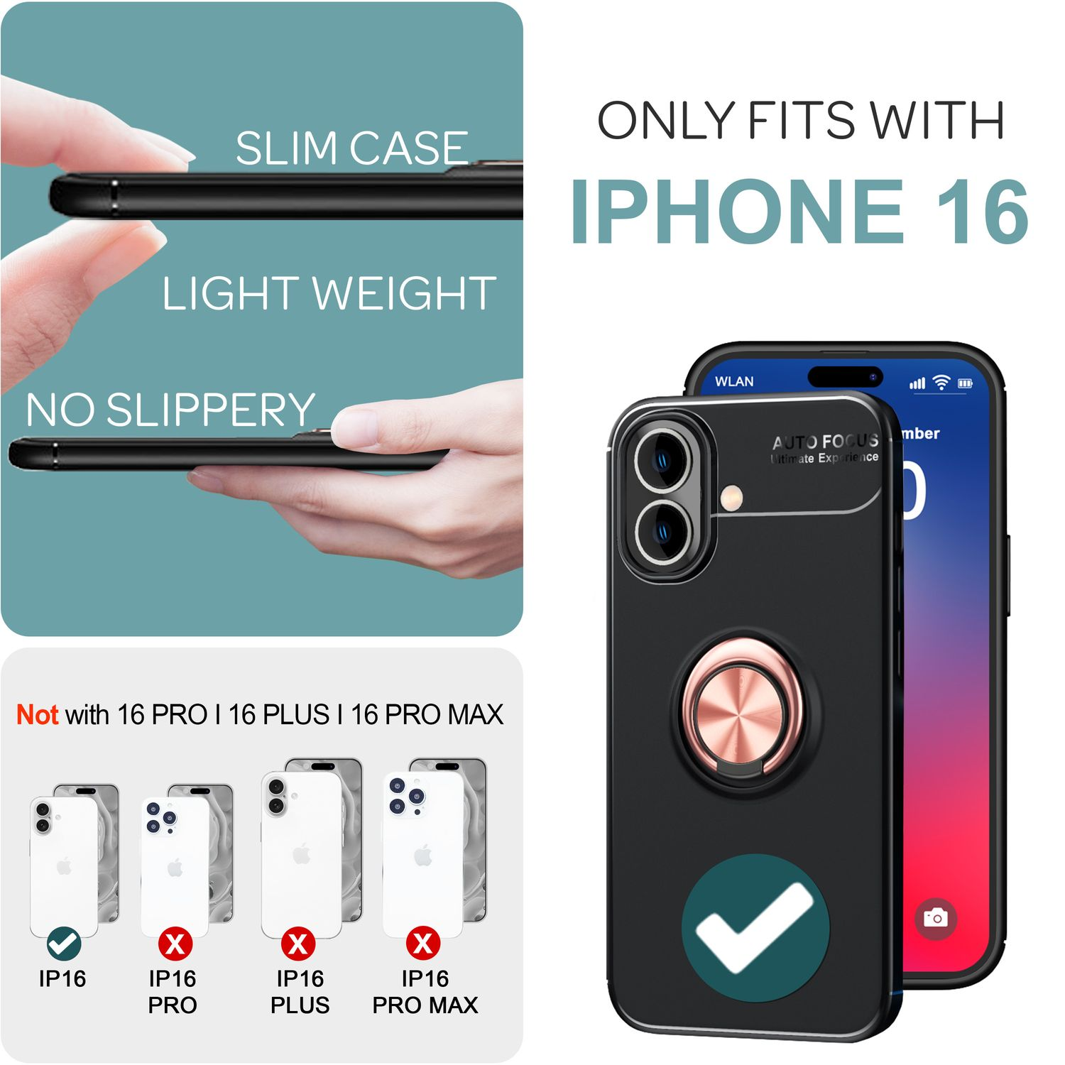 iPhone 16 Hülle, schlank, leicht. Text 'ONLY FITS WITH IPHONE 16'.