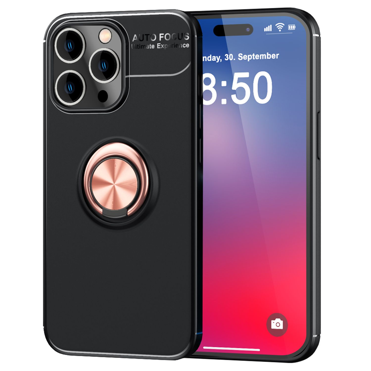Schwarze Telefonhülle mit Ringhalter auf einem Telefon, das Zeit und Datum anzeigt.