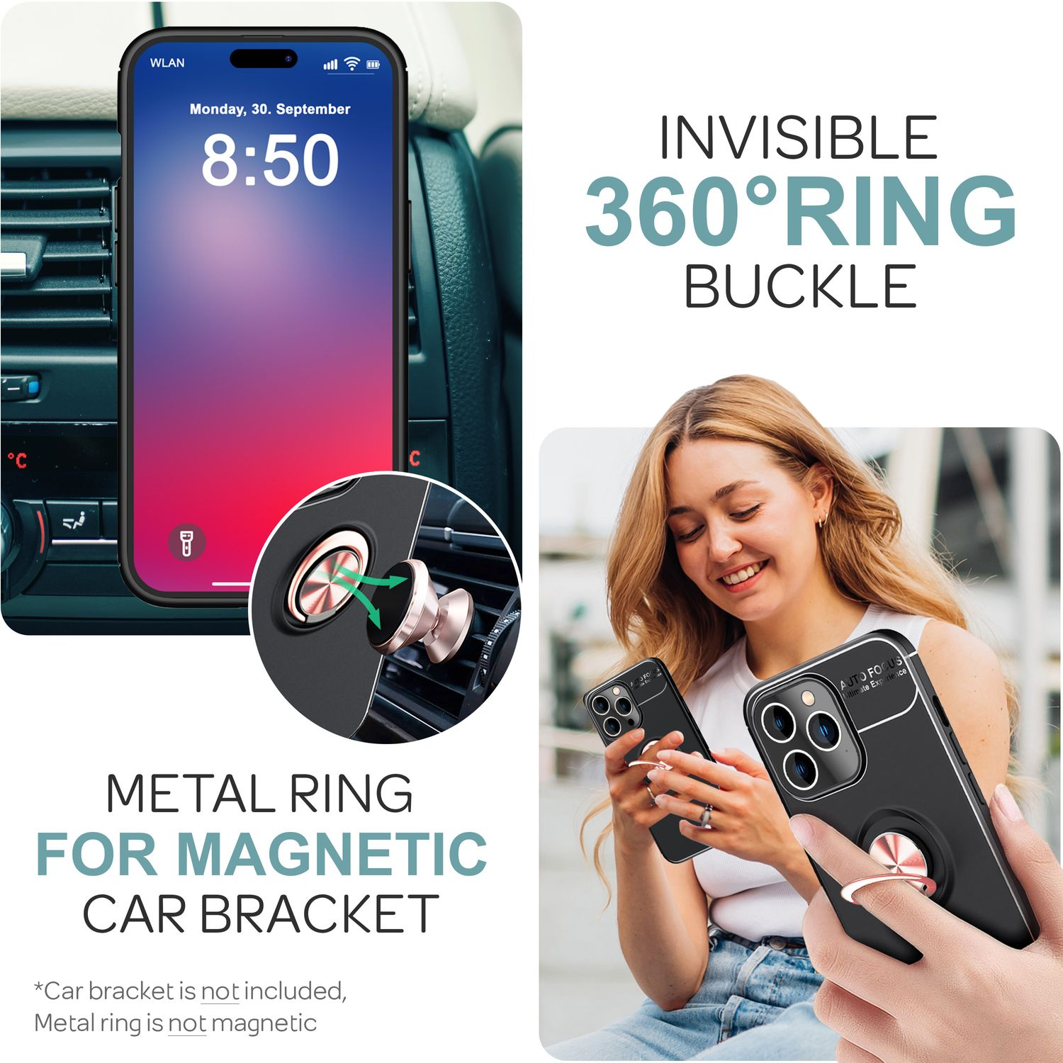 Ein Telefon in einer Autohalterung mit Ring und eine Frau, die ein ähnliches schwarzes Telefon hält.