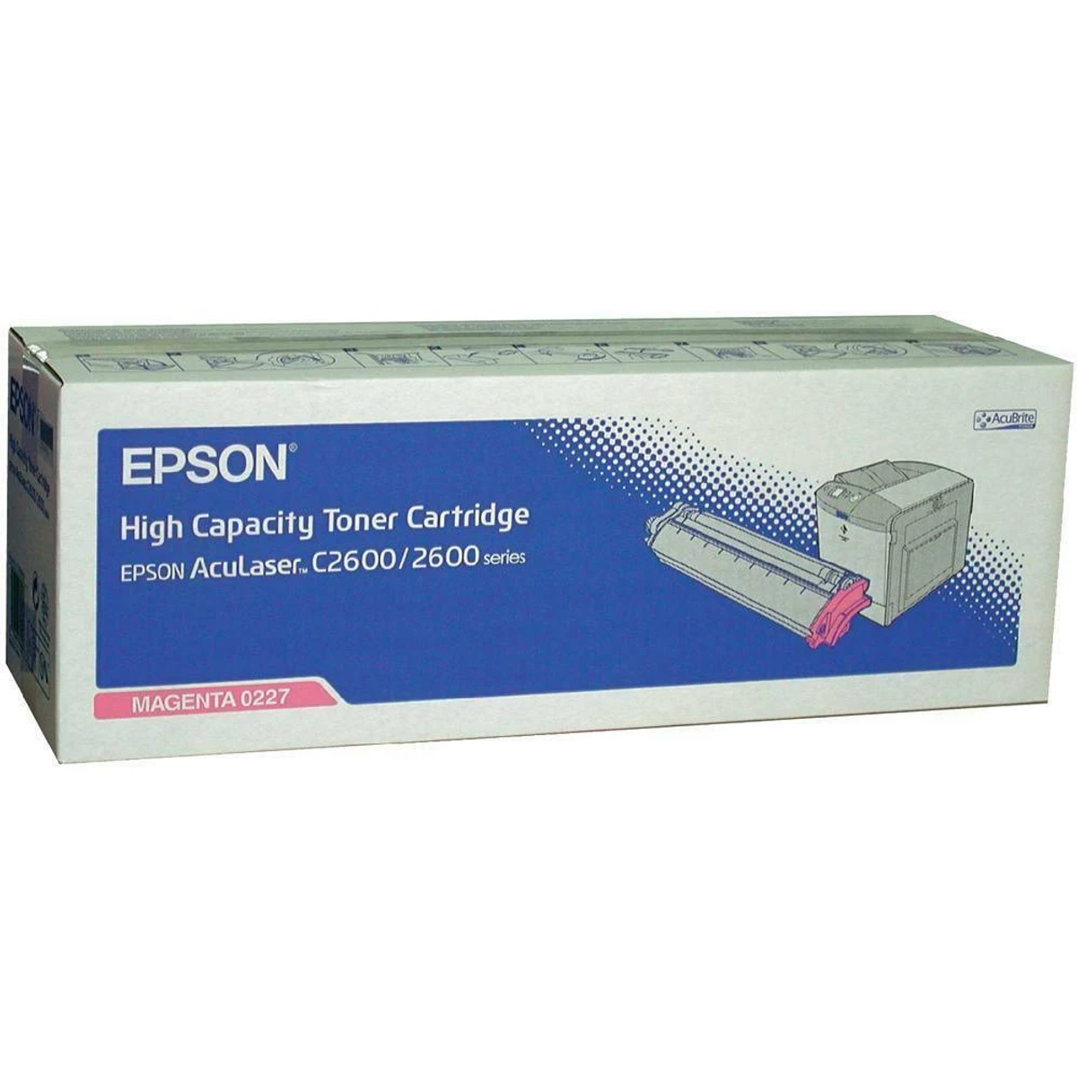 Scatola cartuccia toner ad alta capacità Epson. Scatola bianca, toner magenta e immagine di una stampante. Sfondo bianco.