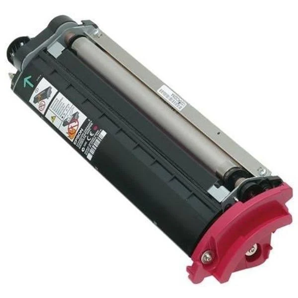 Una cartuccia toner magenta Epson con corpo nero ed estremità rossa.