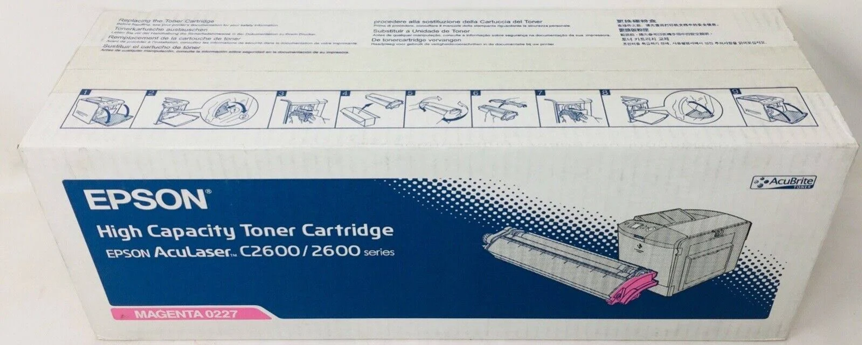 Scatola cartuccia toner Epson con immagini cartuccia e stampante.