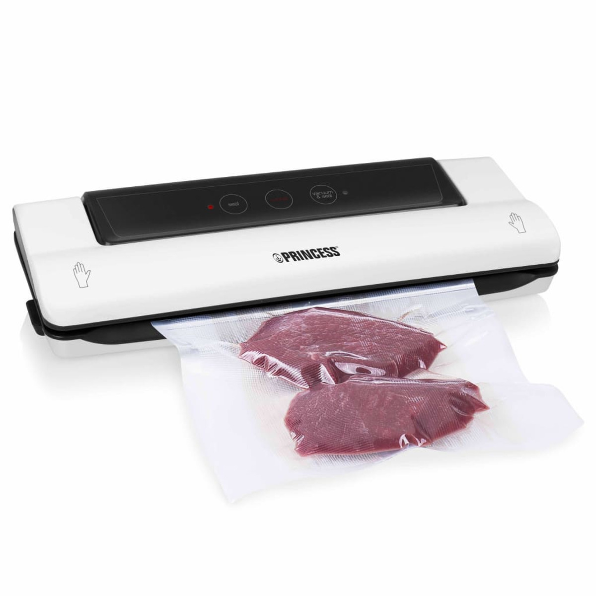 Weißer Vakuumierer mit schwarzem Panel. Zwei rohe Steaks in transparentem Vakuumbeutel.
