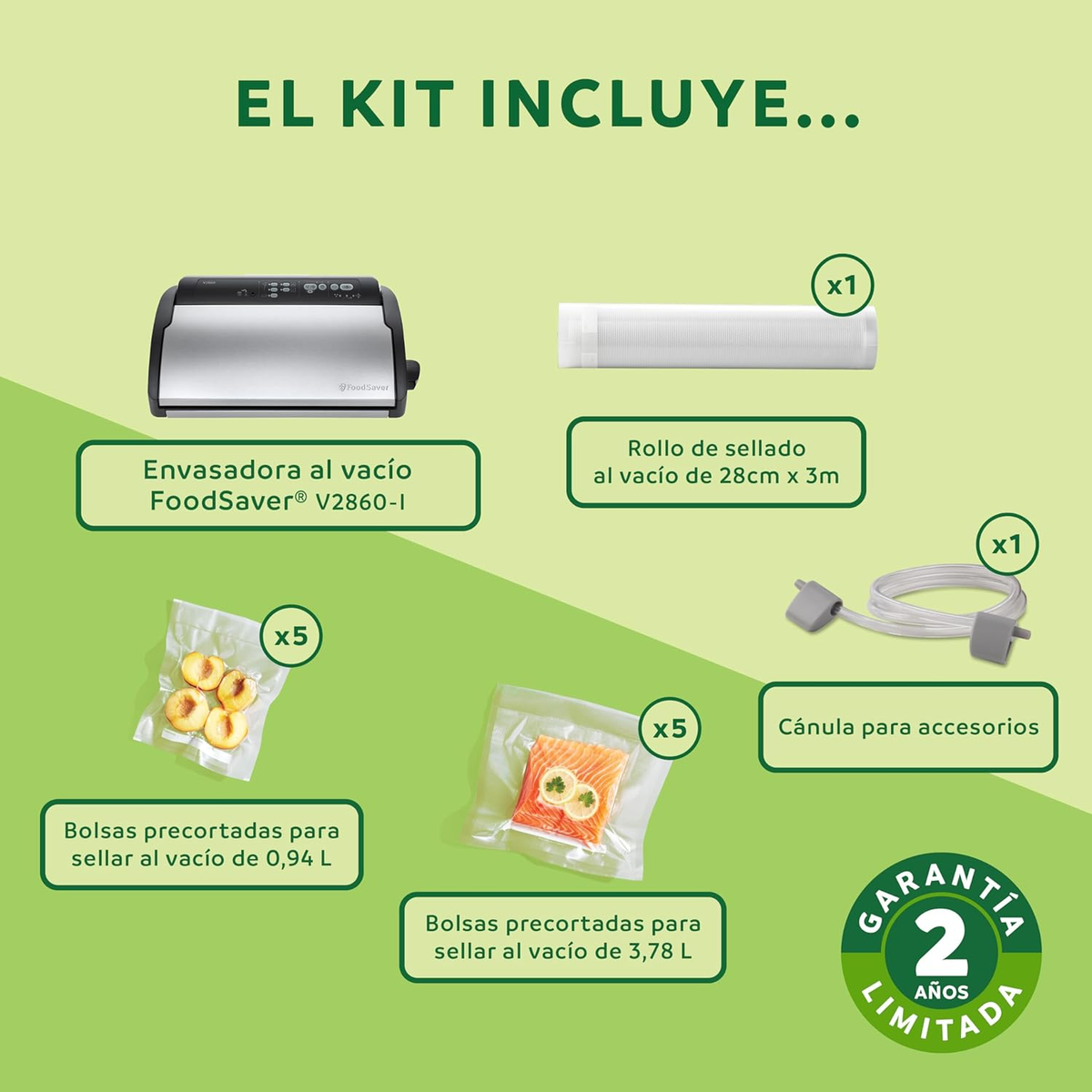 Kit sigillatore sottovuoto con sacchetti e accessori, sfondo bianco.