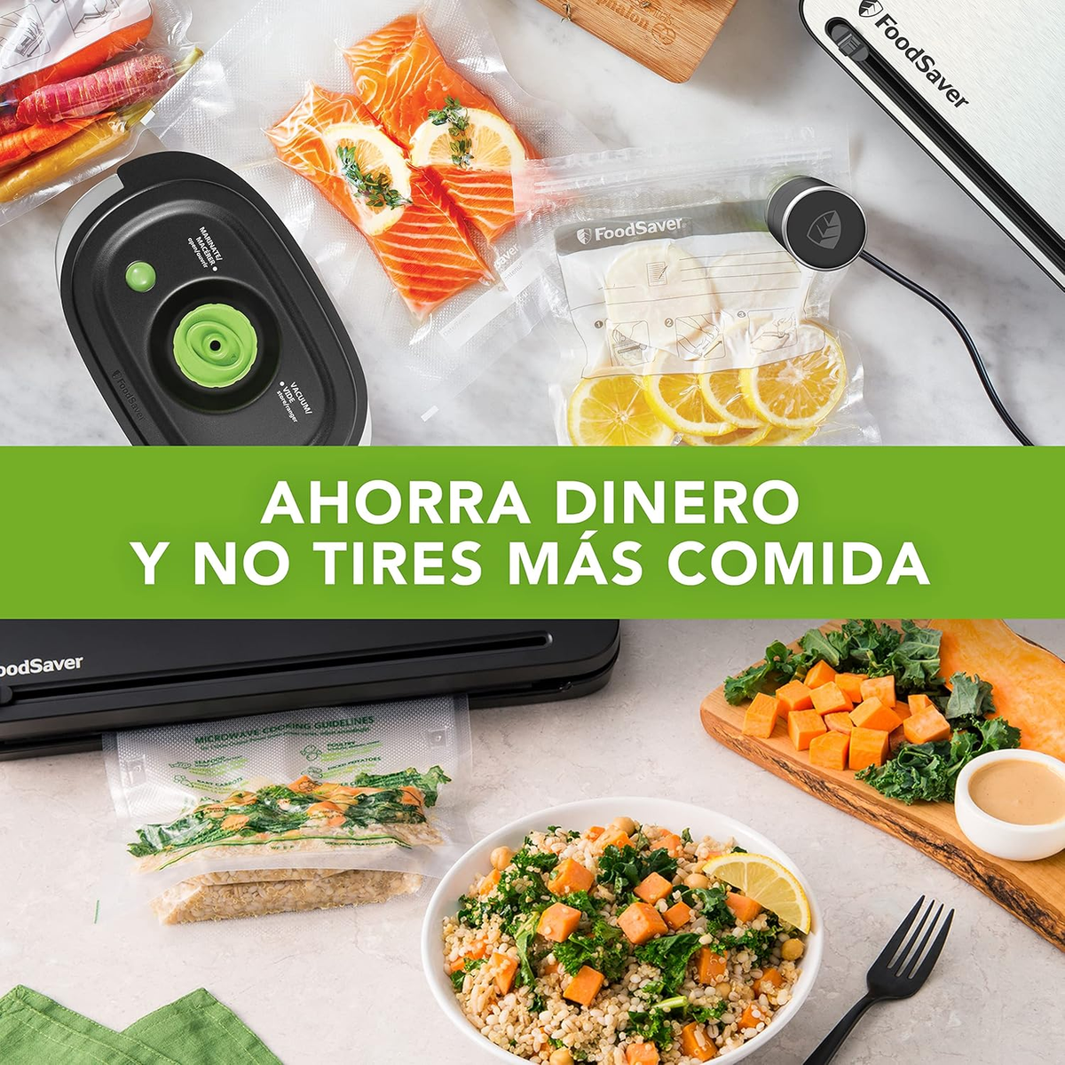 Un sistema FoodSaver con sacchetti per alimenti sigillati sottovuoto e testo in spagnolo.
