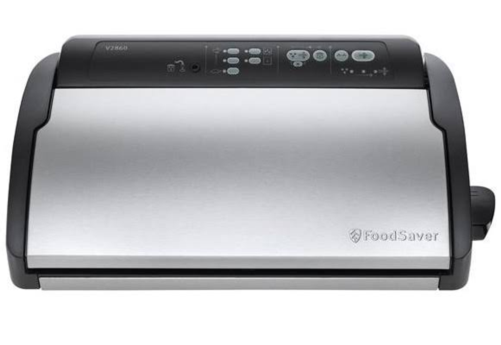 Srebrna zgrzewarka próżniowa FoodSaver z czarną górą, przyciskami i logo.