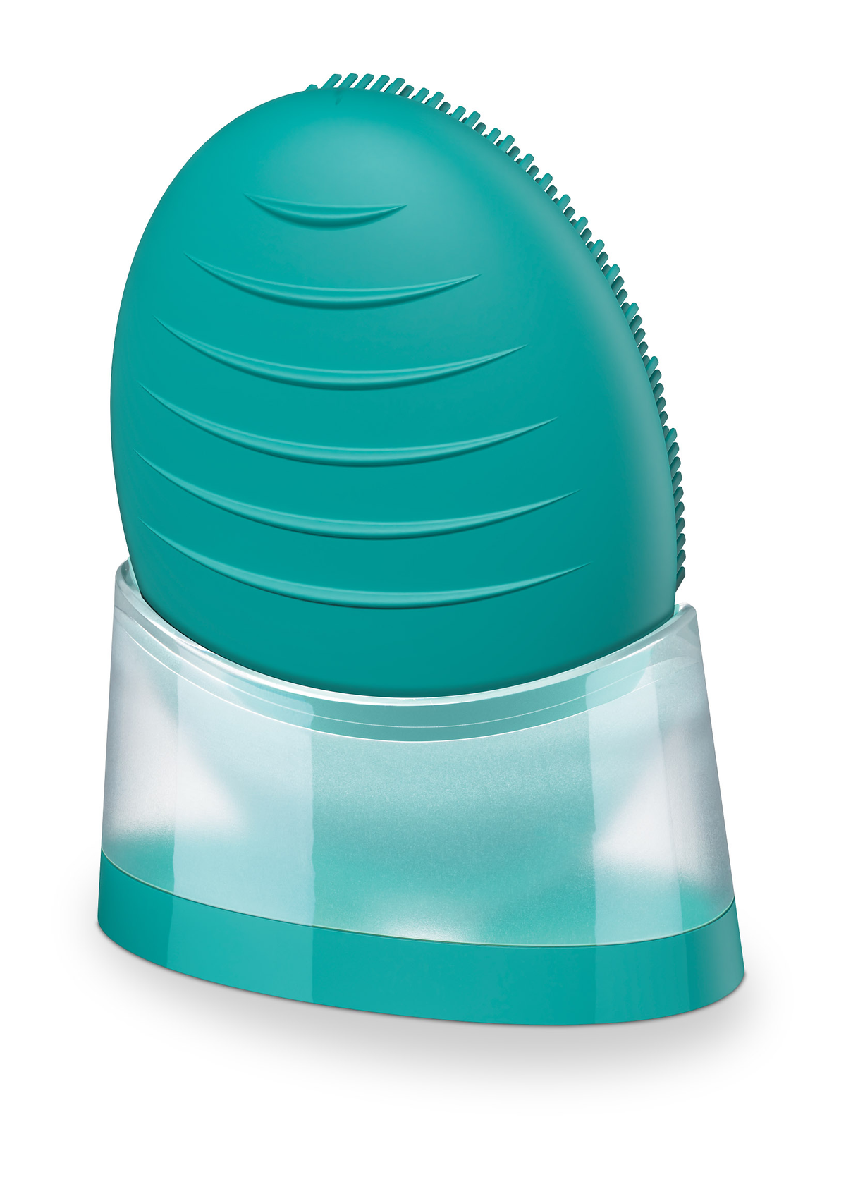Spazzola per la pulizia del viso verde acqua su supporto trasparente. Sfondo bianco.