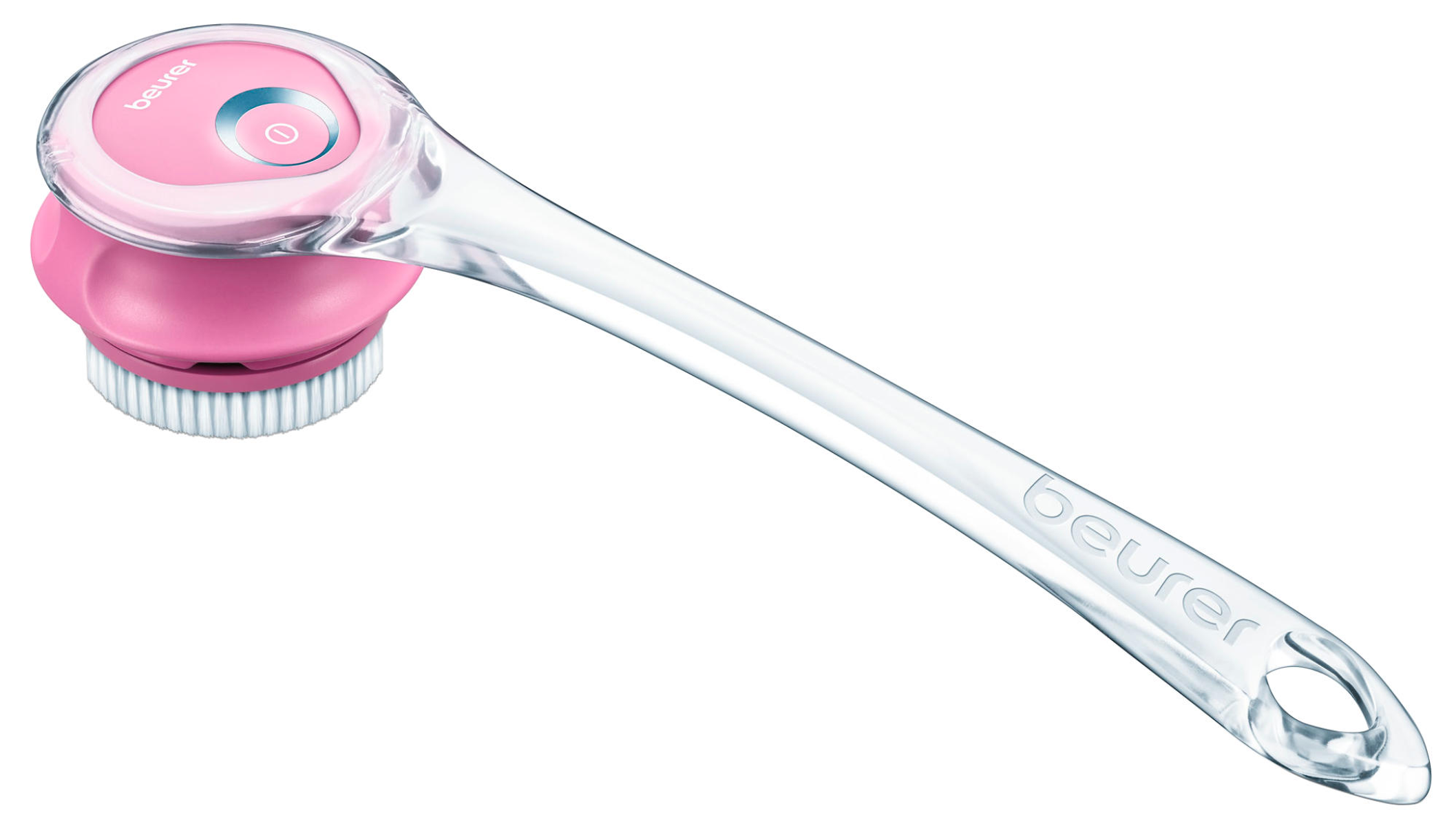 Un cepillo para la espalda rosa y blanco con mango largo y logotipo de Beurer.