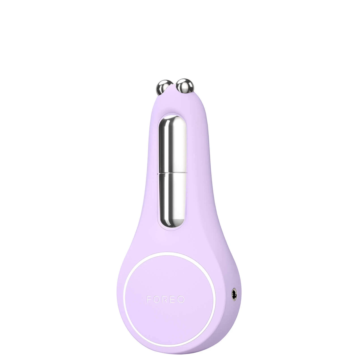 A light purple Foreo device, with two silver spheres and a white circle.