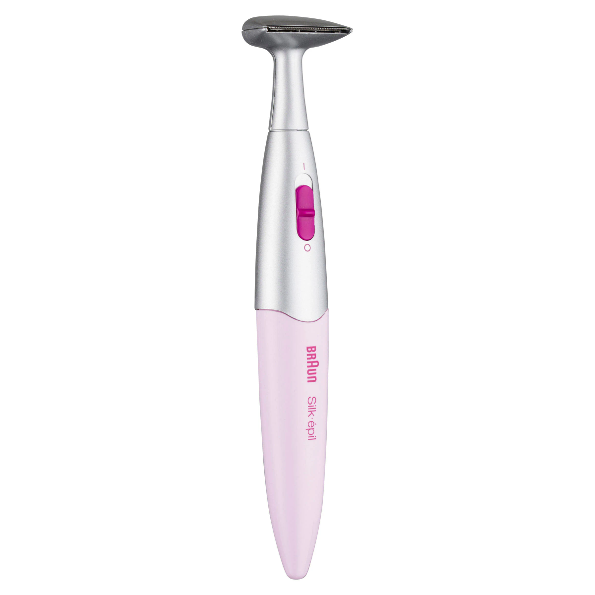 Un rasoio elettrico rosa e argento su sfondo bianco.