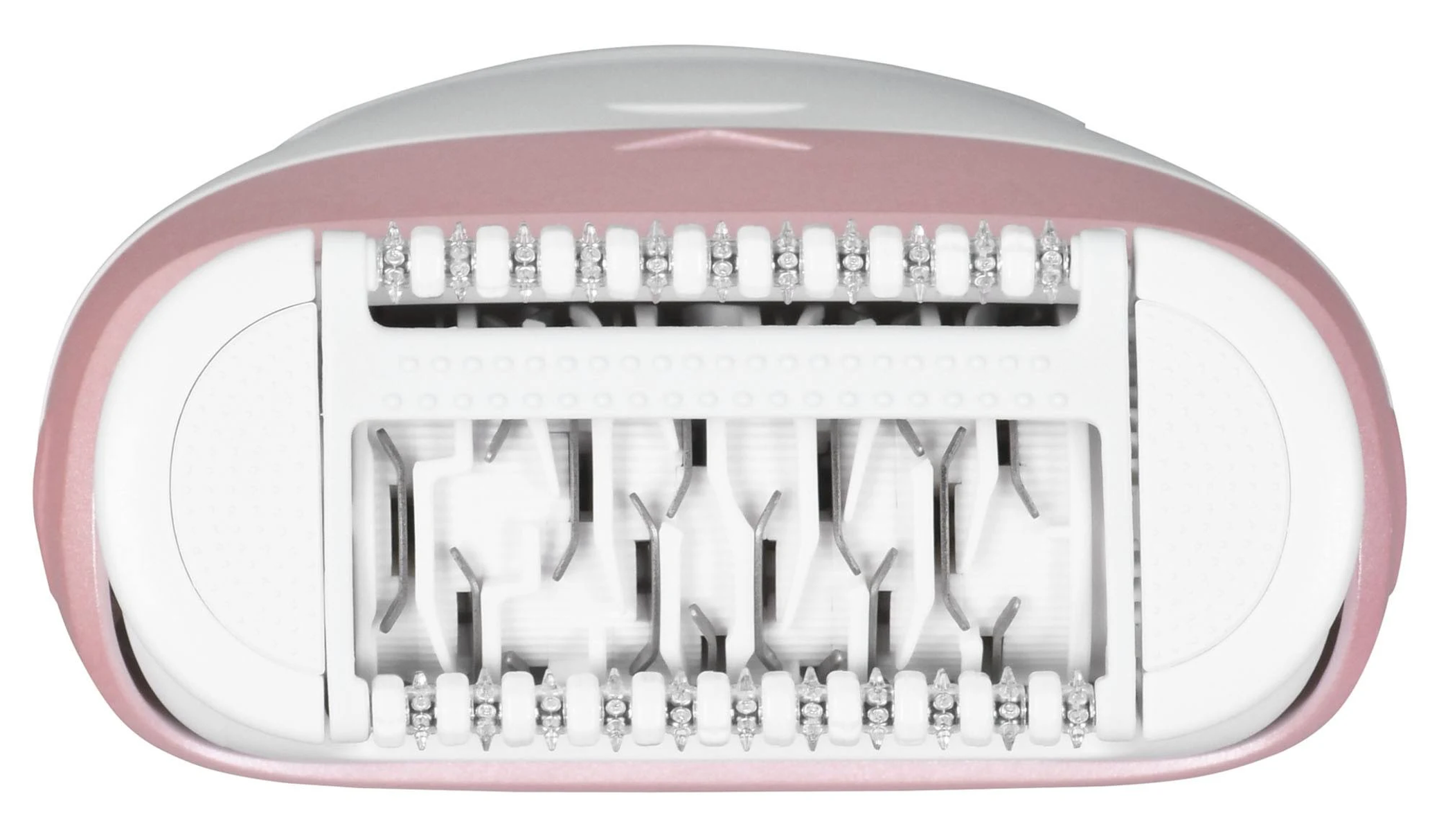 Zbliżenie głowicy depilatora. Różowo-biała obudowa, widoczne metalowe pęsety.