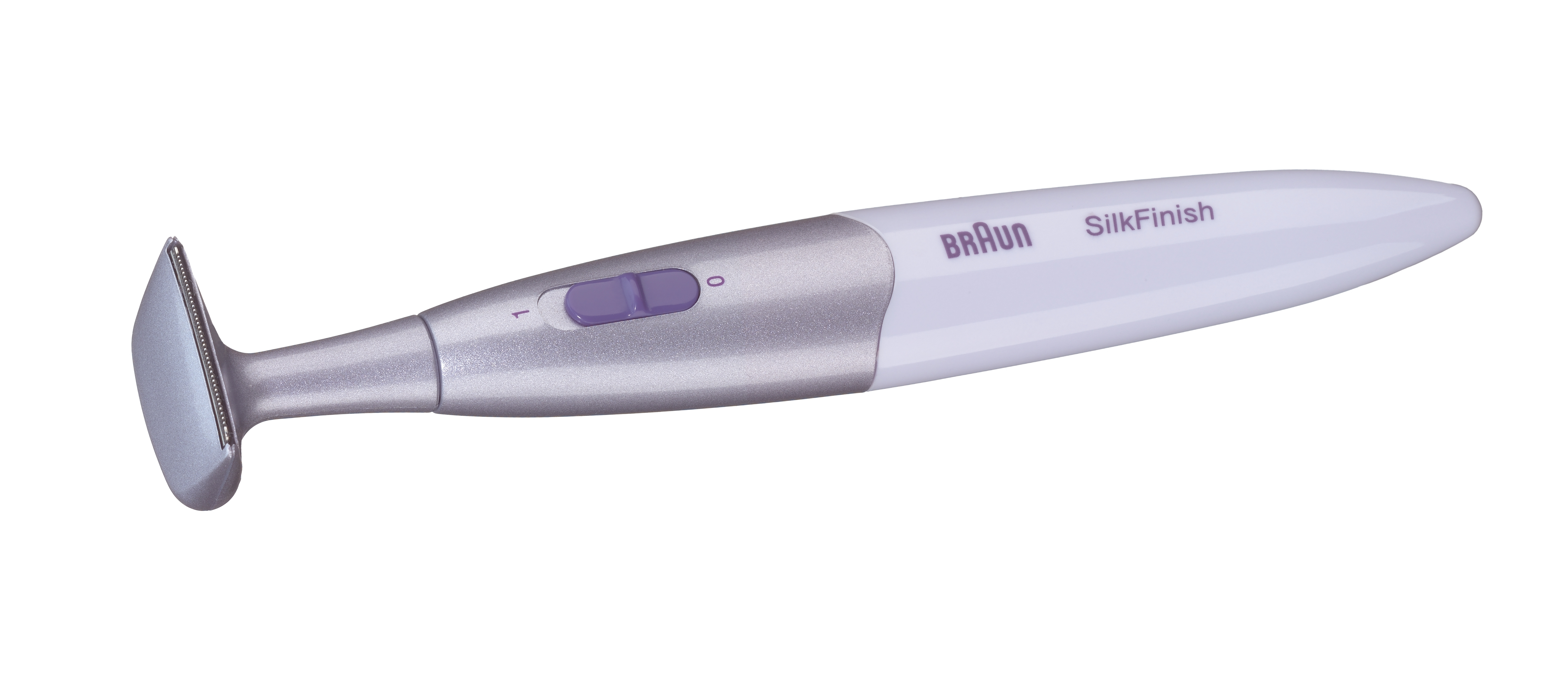 Un epilatore Braun Silk-finish bianco. Ha un pulsante viola ed è su uno sfondo bianco.