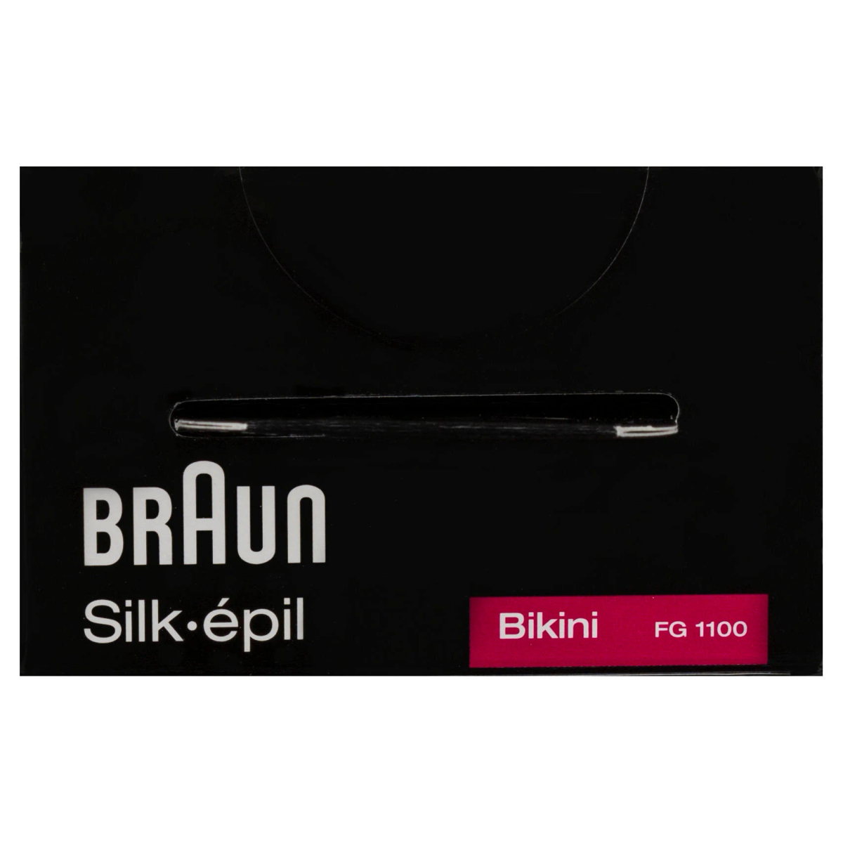Scatola Braun Silk-épil. Scatola nera con testo 'Braun Silk-épil' e 'Bikini FG 1100' sul davanti.