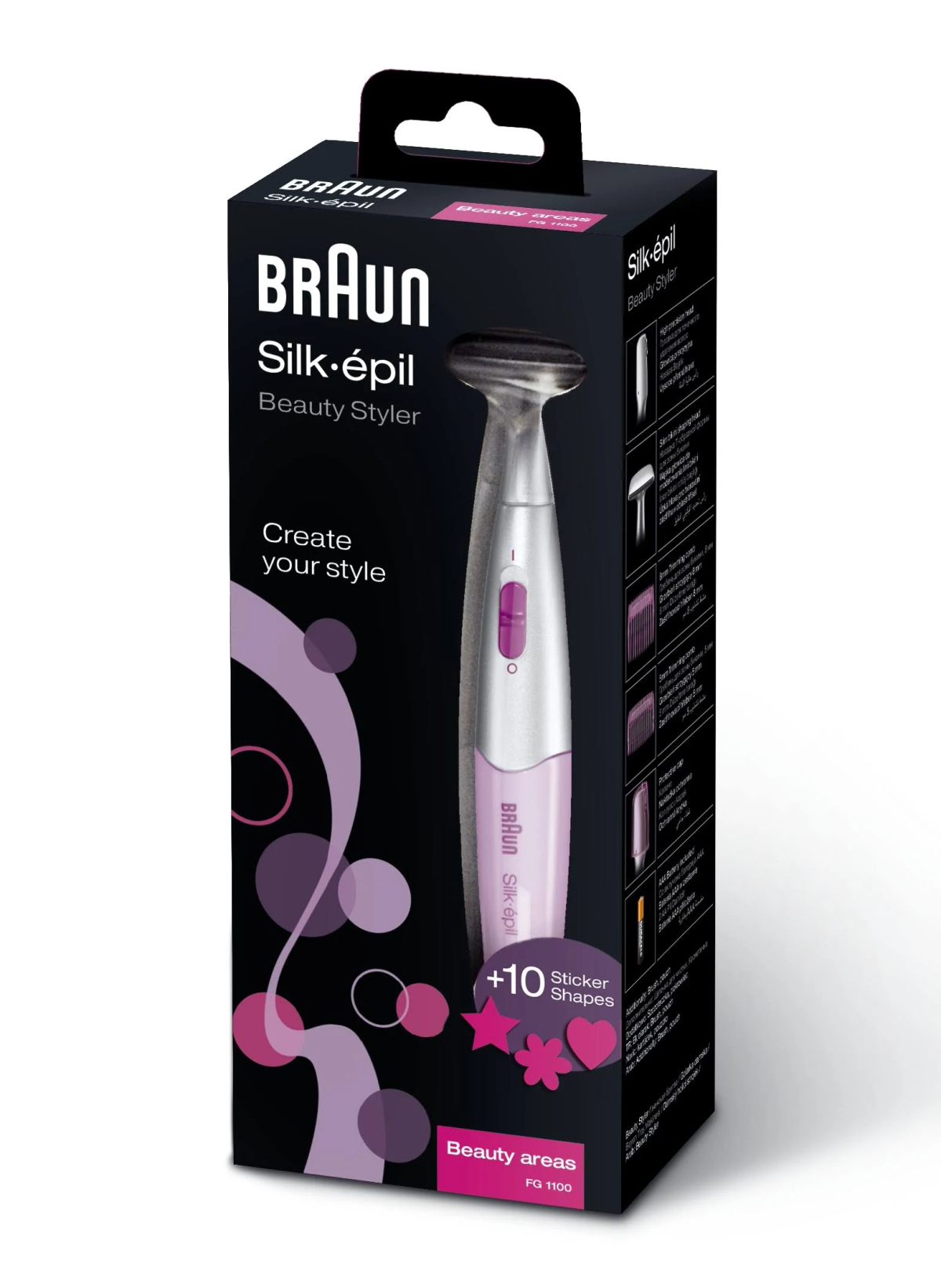 Scatola Braun Silk-épil con un'illustrazione dello styler. Scatola nera con accenti rosa e viola.