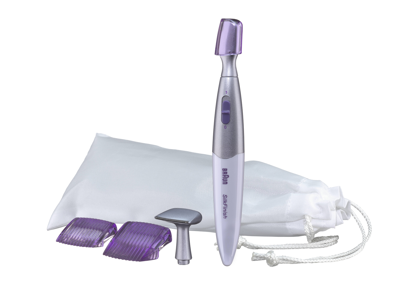 Un epilatore Braun Silk-finish con accessori e un sacchetto bianco.