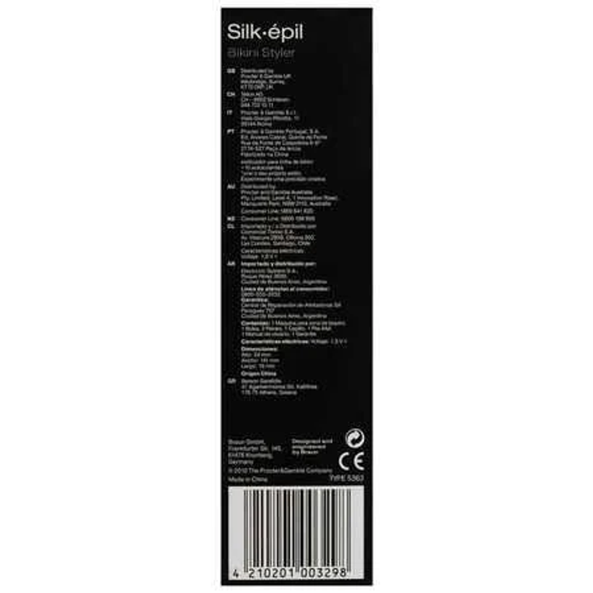 Scatola nera con testo multilingue e codice a barre in basso.