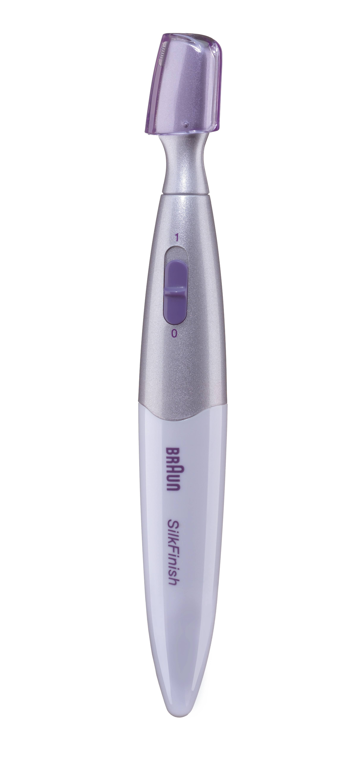 Epilatore Braun bianco e argento con cappuccio viola.