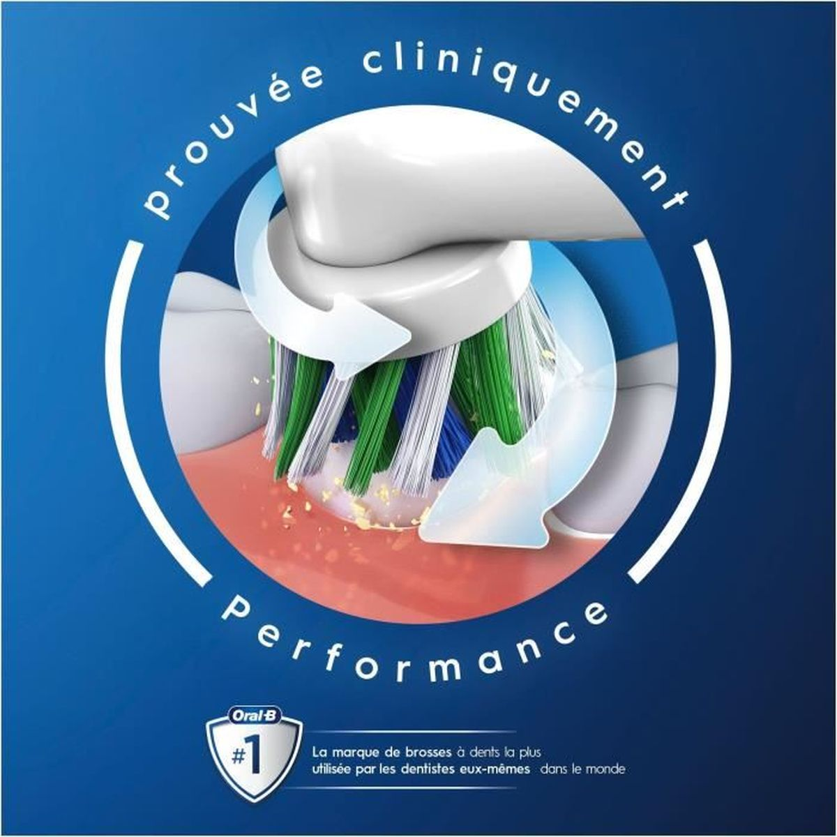 Testina spazzolino con setole verdi e blu, testo su sfondo blu.