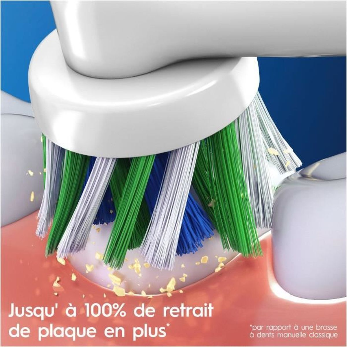 Uno spazzolino elettrico che pulisce i denti, rimuovendo la placca vicino alle gengive.